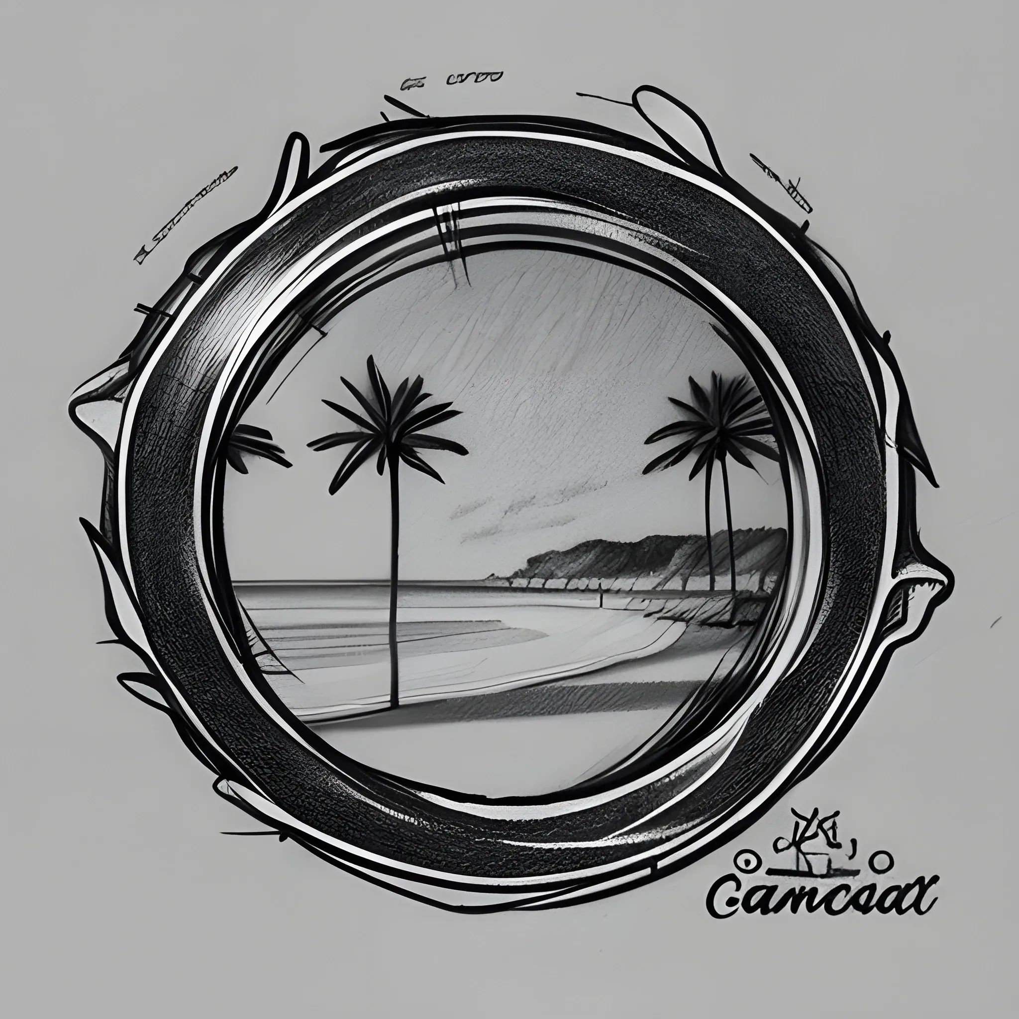 lente de camara, playa, logo, Pencil Sketch