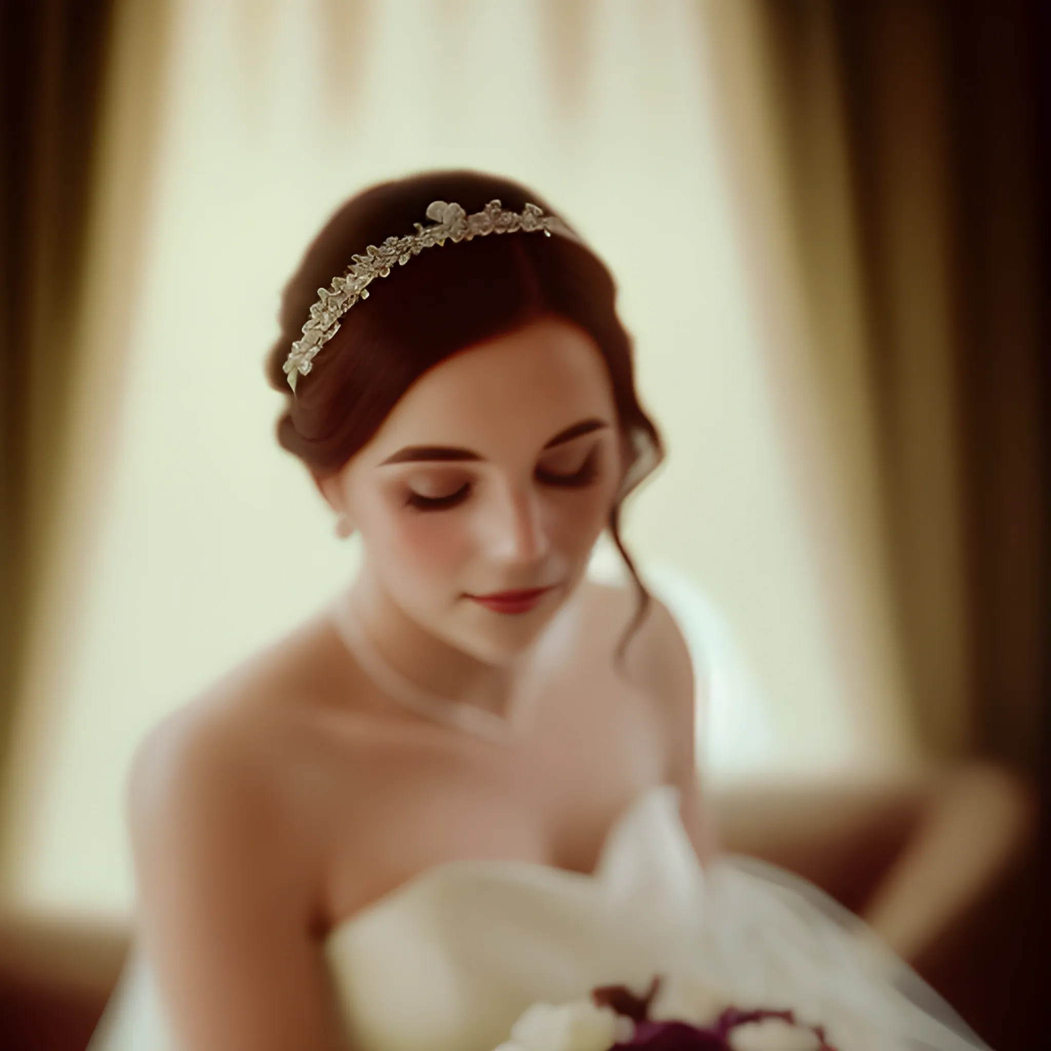 35mm film photograph of woman on their wedding day, soft lighting, romantic atmosphere, vintage aesthetic, candid moment, timeless beauty, film grain, dreamy colors, by a renowned wedding photographer, trending on Instagram, cherished memories.