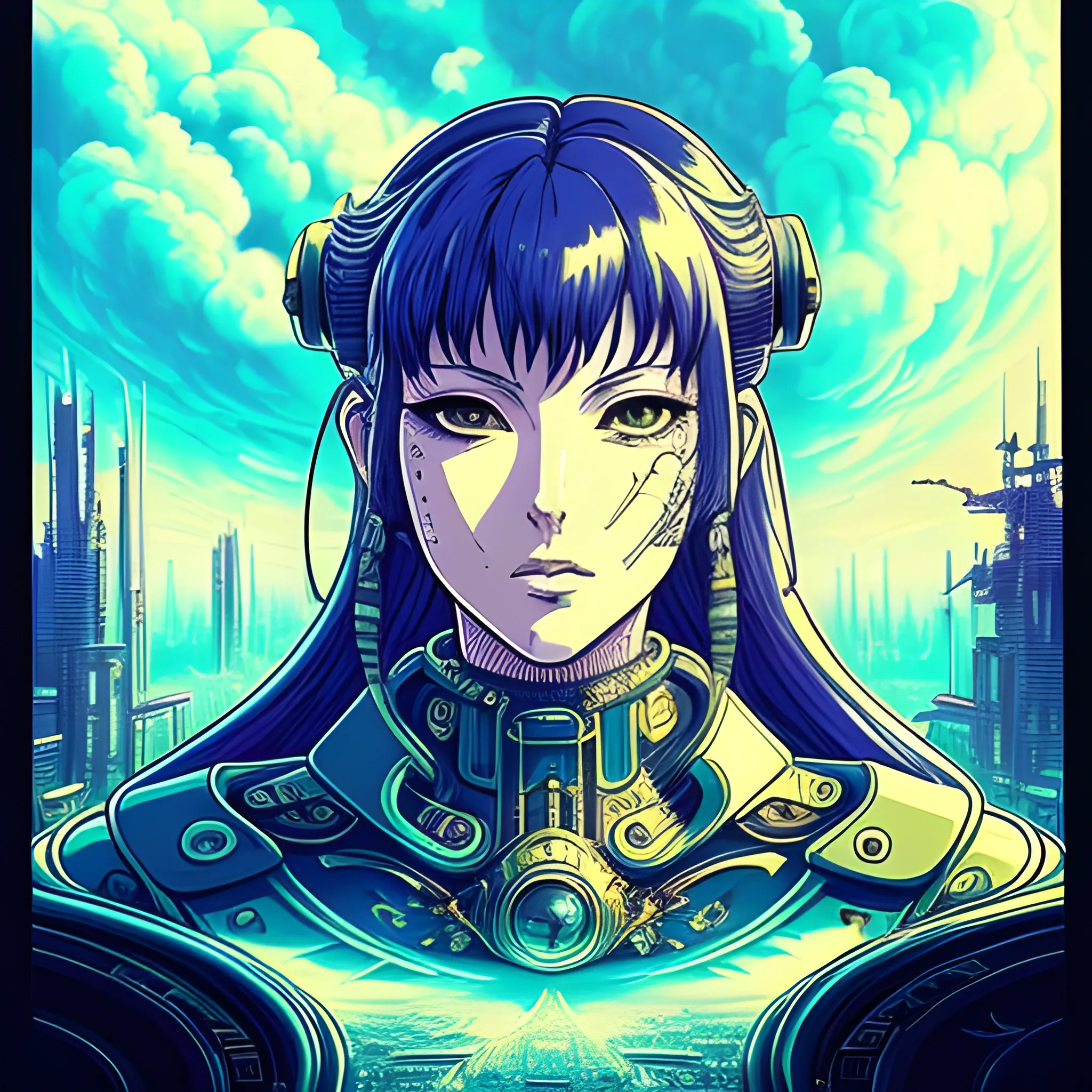 Beautiful portrait of Lorena Damian floating in the sky, surrounded by clouds, with soft lighting that highlights the intricate details of the face. The portrait is in an imaginative fantasy concept art style by Oda, with a cyberpunk twist. The environment is detailed and intricate, with neon lights and futuristic buildings in the background. The portrait is in sharp focus, and the overall style is reminiscent of vintage 90's anime. The artwork is perfect for environmental arcade art or as a concept art for a video game.