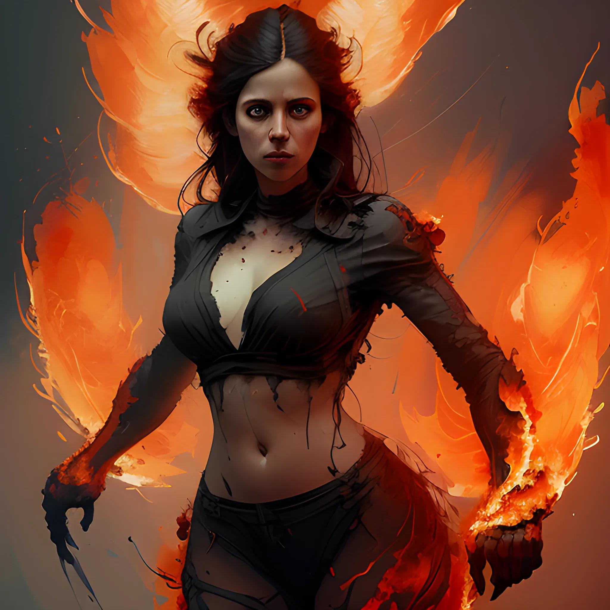 Full body portrait of "Lorena Damian" with a serious expression, surrounded by raging fire, digital painting, artstation, concept art, illustration, by greg rutkowski, agnes cecile, and jeremy mann, highly detailed, sharp focus, dramatic lighting, intense colors, 8k resolution.