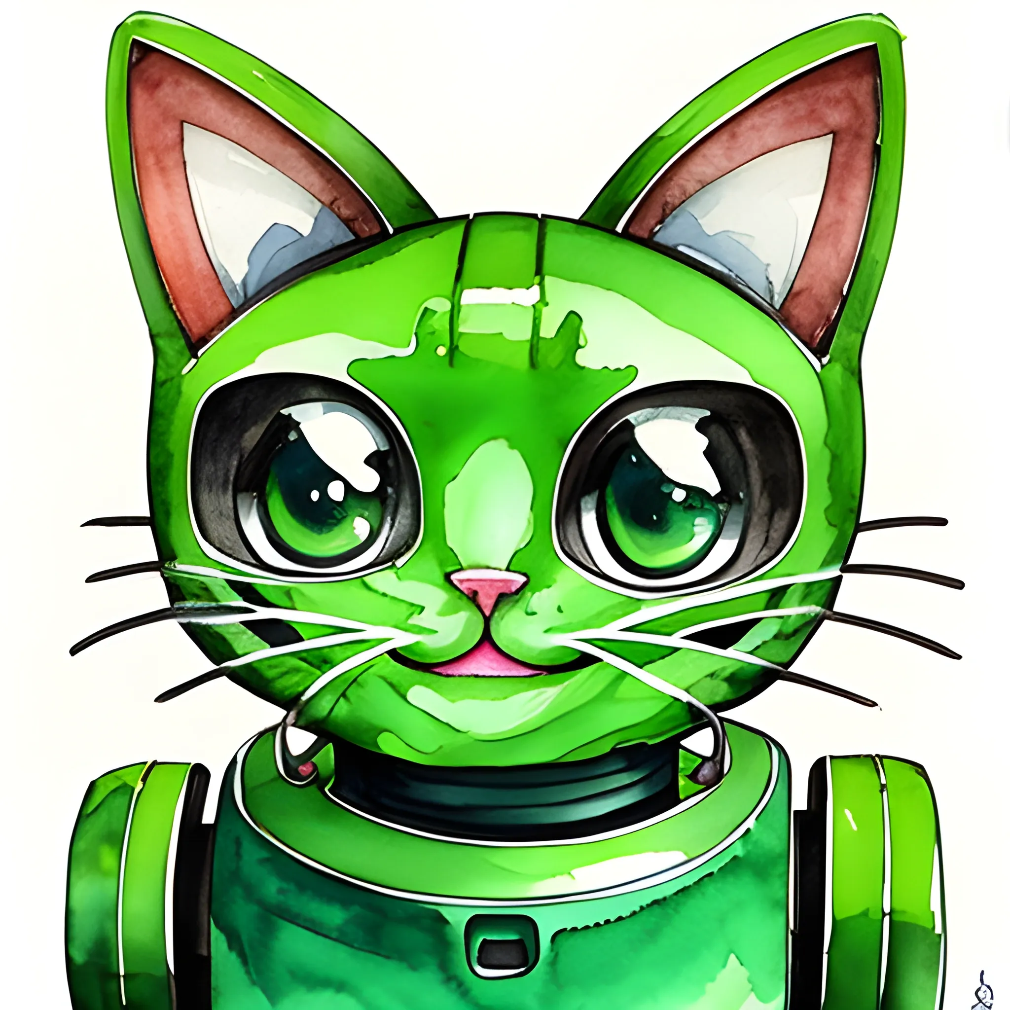 Adorable Green Cat robot smile 
, Water Color