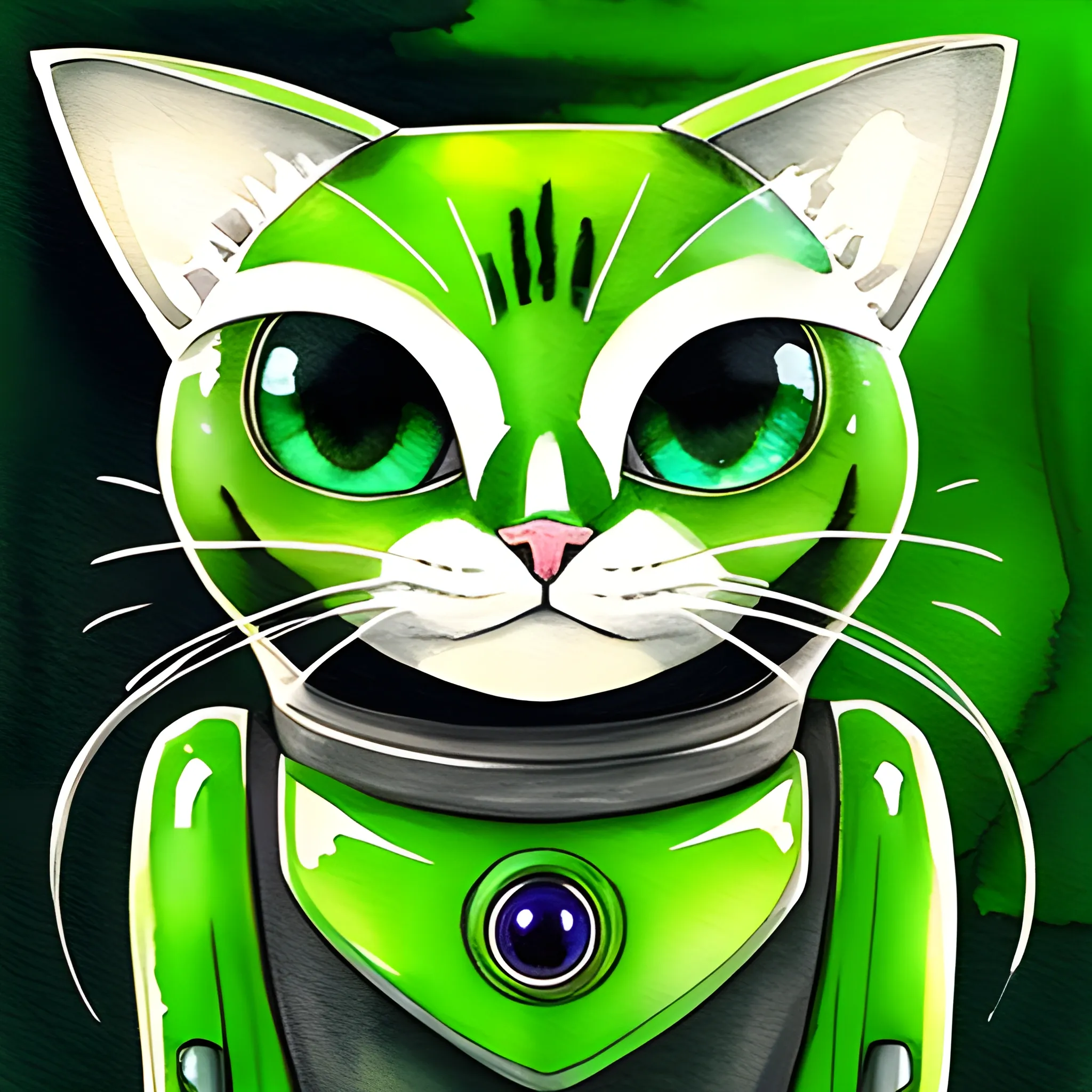 Adorable Green Cat robot with little eyes smile 
, Water Color
