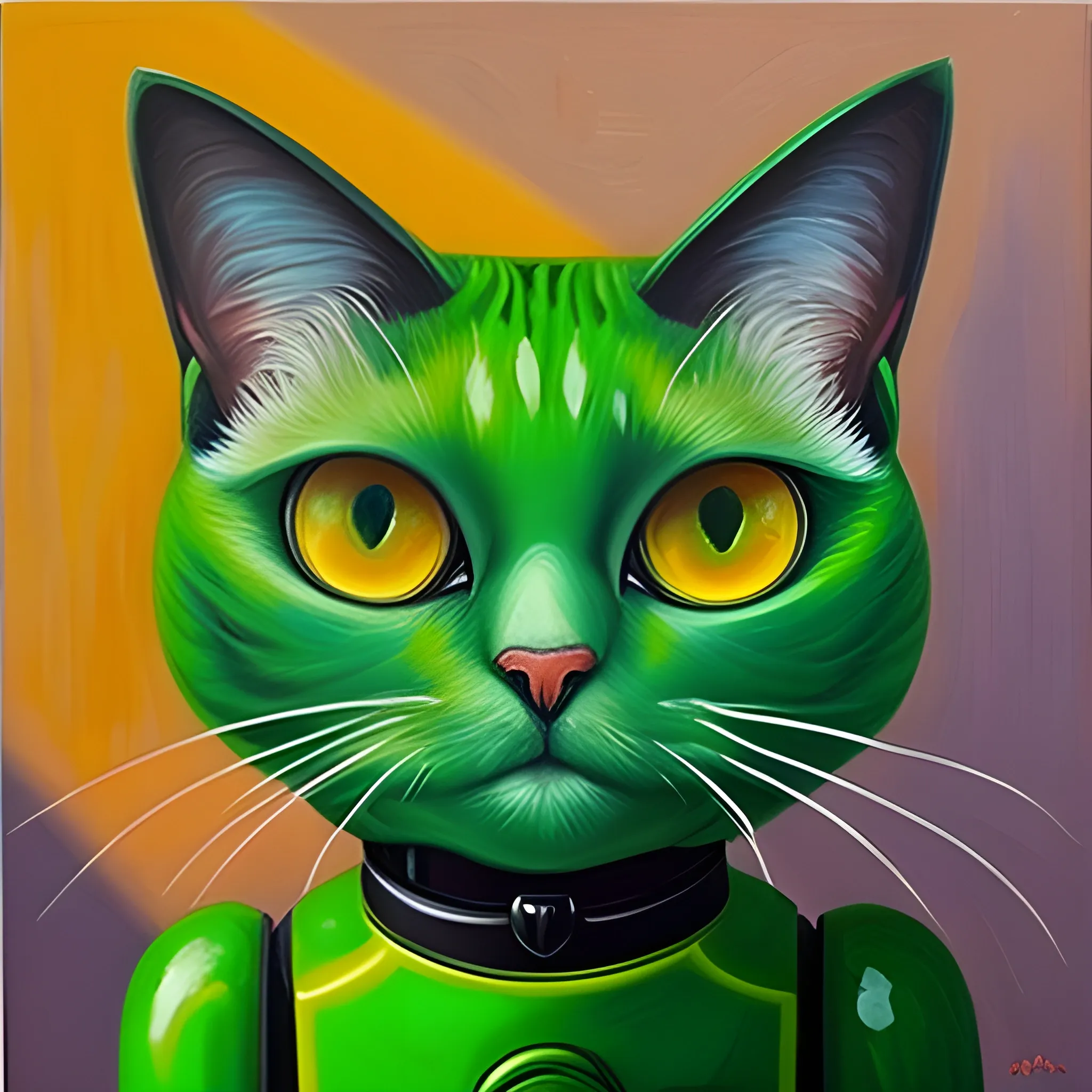 Adorable Green Cat robot with little eyes smile 
, Oil Painting