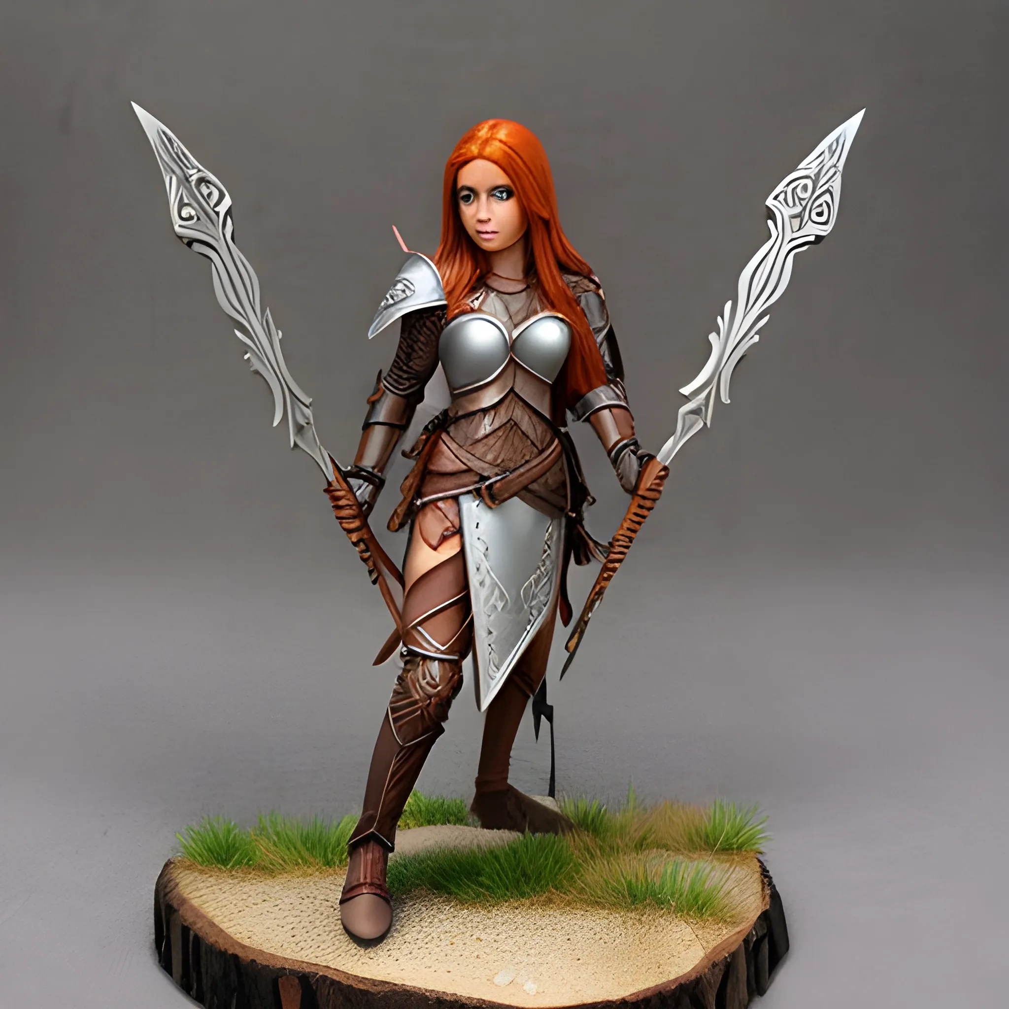 female wood elf auburn hair greyish tanned skin leather armor crossbow and dagger