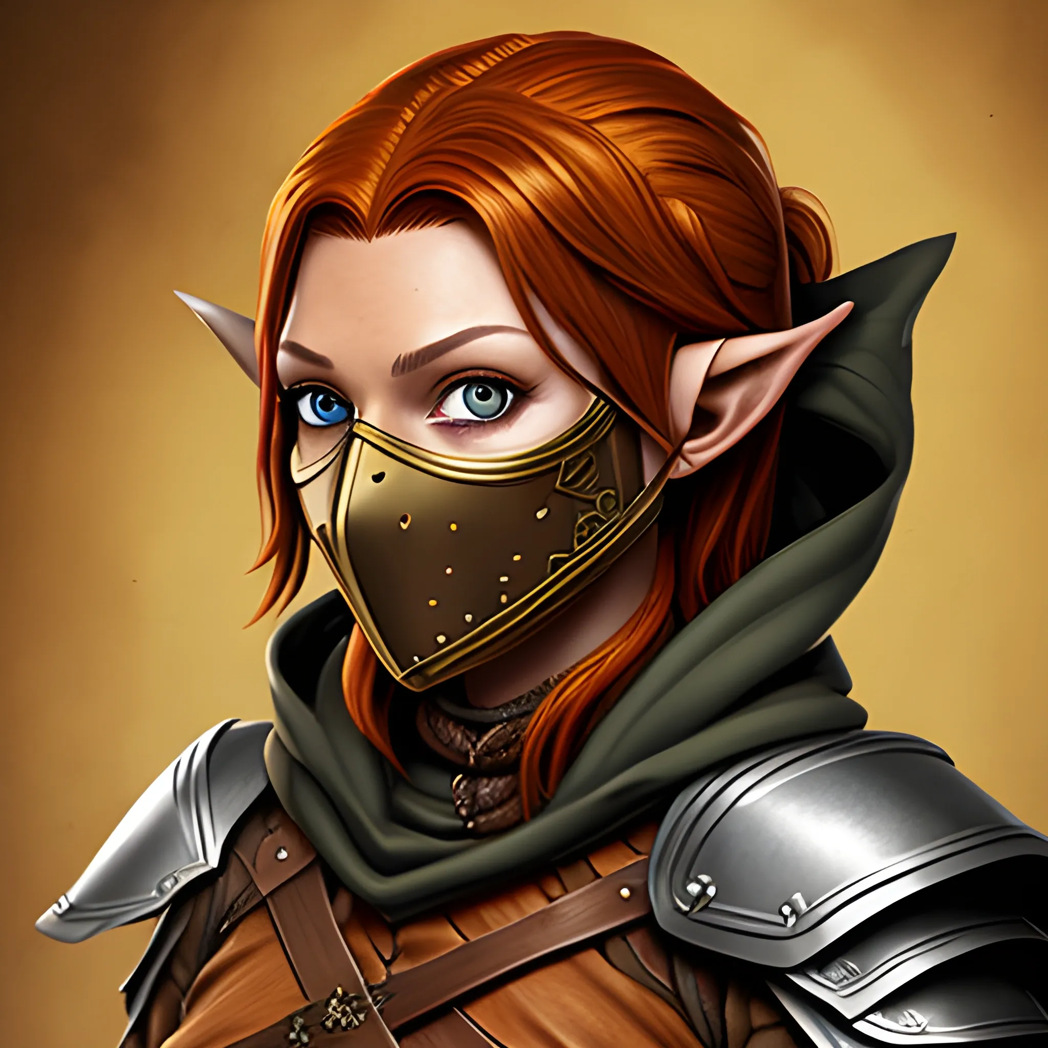 {dungeons and dragons fantasy portrait} {female wood elf auburn brown hair with dark greyish tanned skin hazel gold eyes} {old dirty leather armor with a hood and face mask} {wielding a crossbow and dagger}