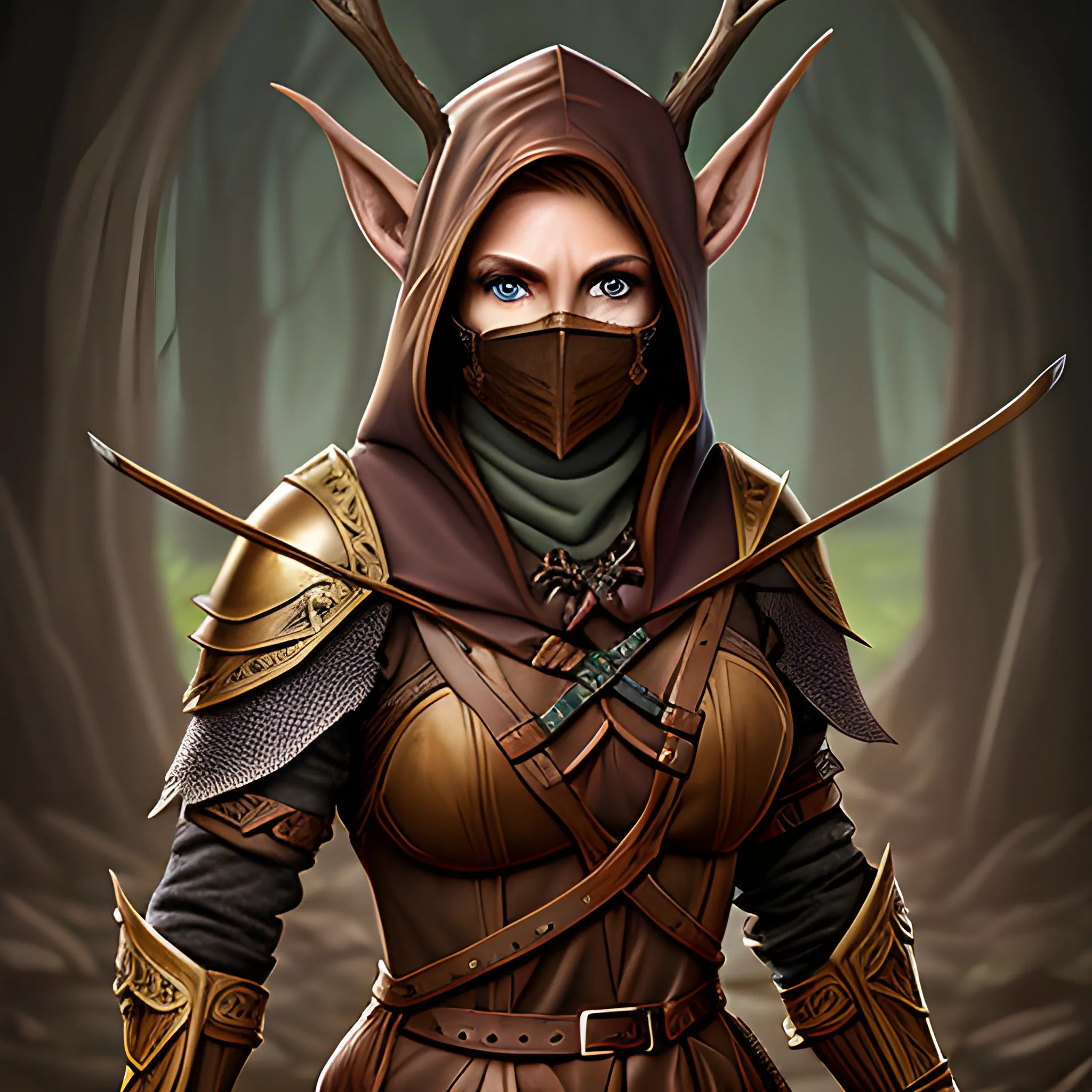 {dungeons and dragons fantasy portrait} {dark dirty woodsy} {female wood elf} {auburn brown hair} {dark greyish tanned skin} {hazel gold eyes} {old dirty leather armor with a hood and face mask} {wielding a crossbow}