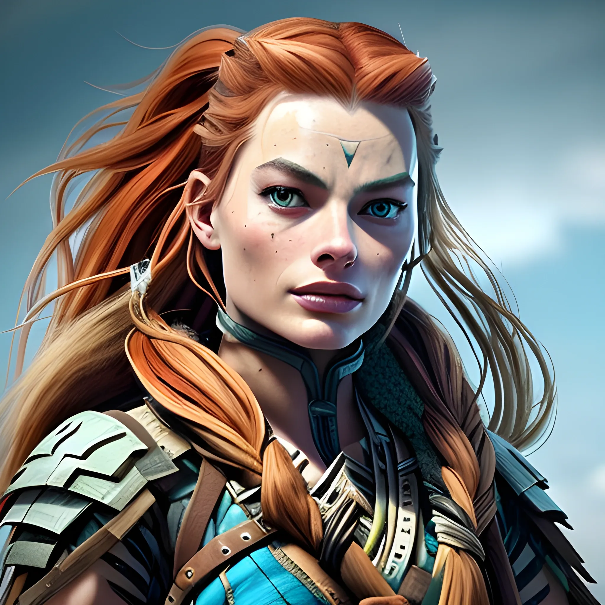 Generate an image that depicts Margot Robbie as Aloy from the video game Horizon Zero Dawn. Ensure to capture Aloy's iconic elements, such as her hunter attire with tribal details, her red hair, and futuristic bow. Portray the image to reflect both Aloy's skillful and courageous nature and Margot Robbie's beauty and presence. The blend of these two aspects should result in a compelling image that pays tribute to both, Pencil Sketch