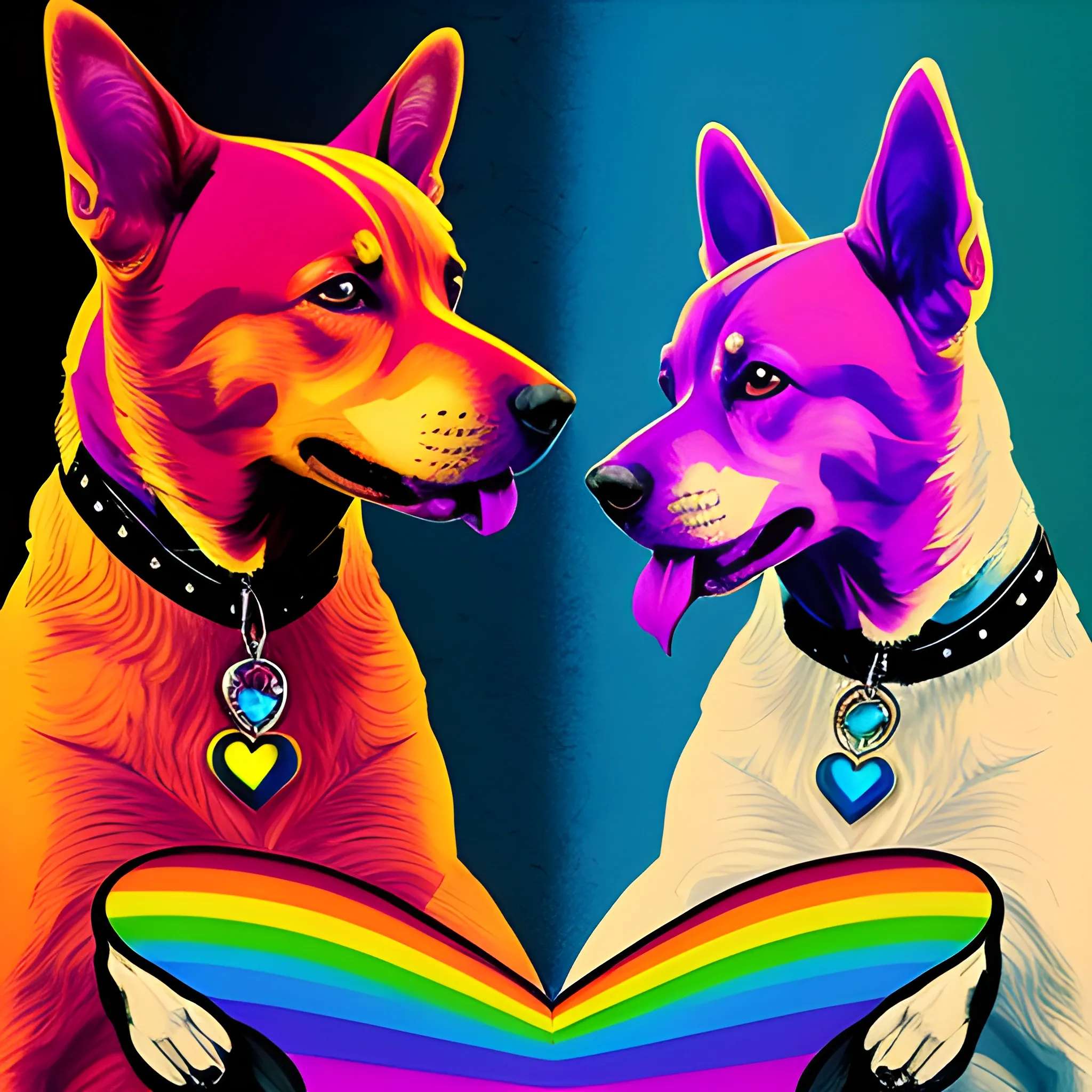 Create a modern rock album cover with colors, where there is a dog in love with a bitch, they are in a rainbow, there must be a real heart, be inspired by the elegance of modern art and make everything as true to reality as possible