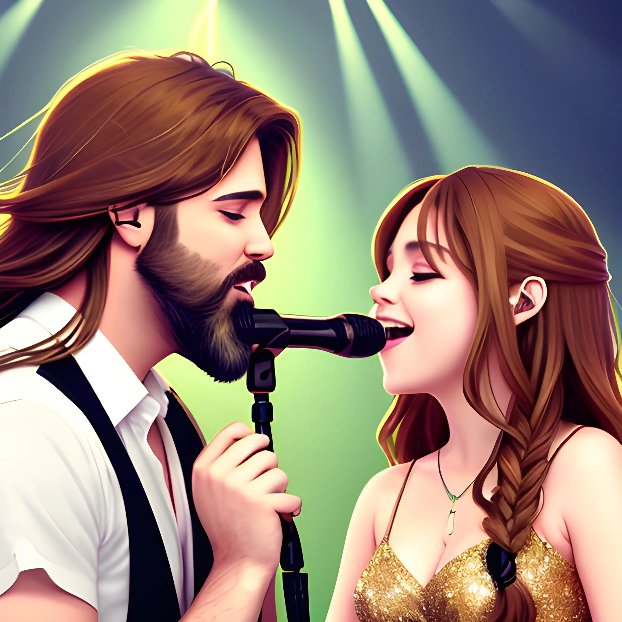 create an image where a male singer is on stage, the man has a beard and brown hair, a light shines on a woman in the audience who looks at the singer in love, the woman has straight brown and long hair, sweets can be seen falling from heaven, anime style.