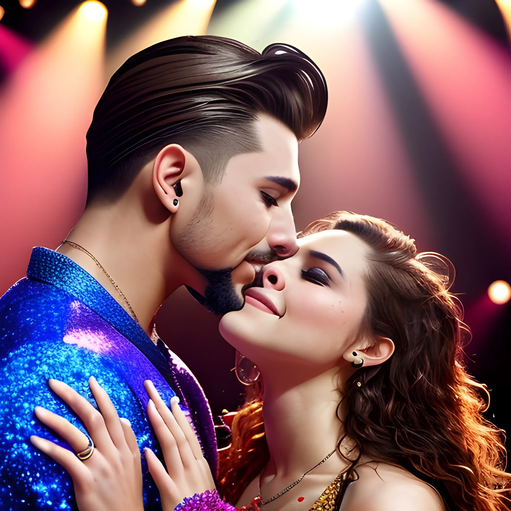 A male singer commands the stage with confidence, his distinctive goatee and brown undercut hair giving him a unique flair. Bathed in a bright spotlight, his movements exude charisma and musical passion. In the audience, a woman with long, straight brown hair watches him with love in her eyes, creating an intense connection. Sweets fall from the sky like sparkling, colorful stars, adding a magical and playful touch to the scene, where music and affection converge in a single unforgettable moment.
