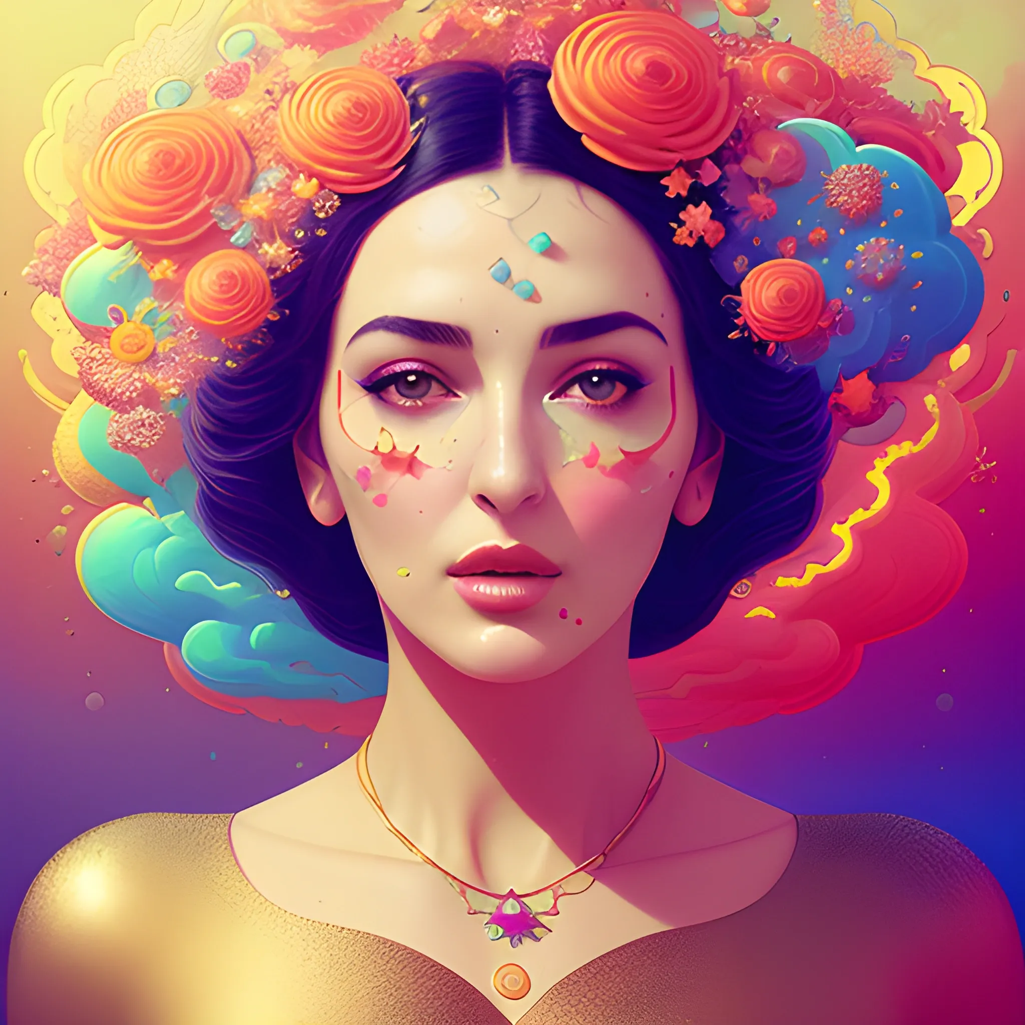 Flowery beautiful face like Monica bellucci with gold jewellery, by petros afshar, ross tran, Tom Bagshaw, tom whalen, underwater bubbly psychedelic clouds, Anaglyph 3D lens blur effect