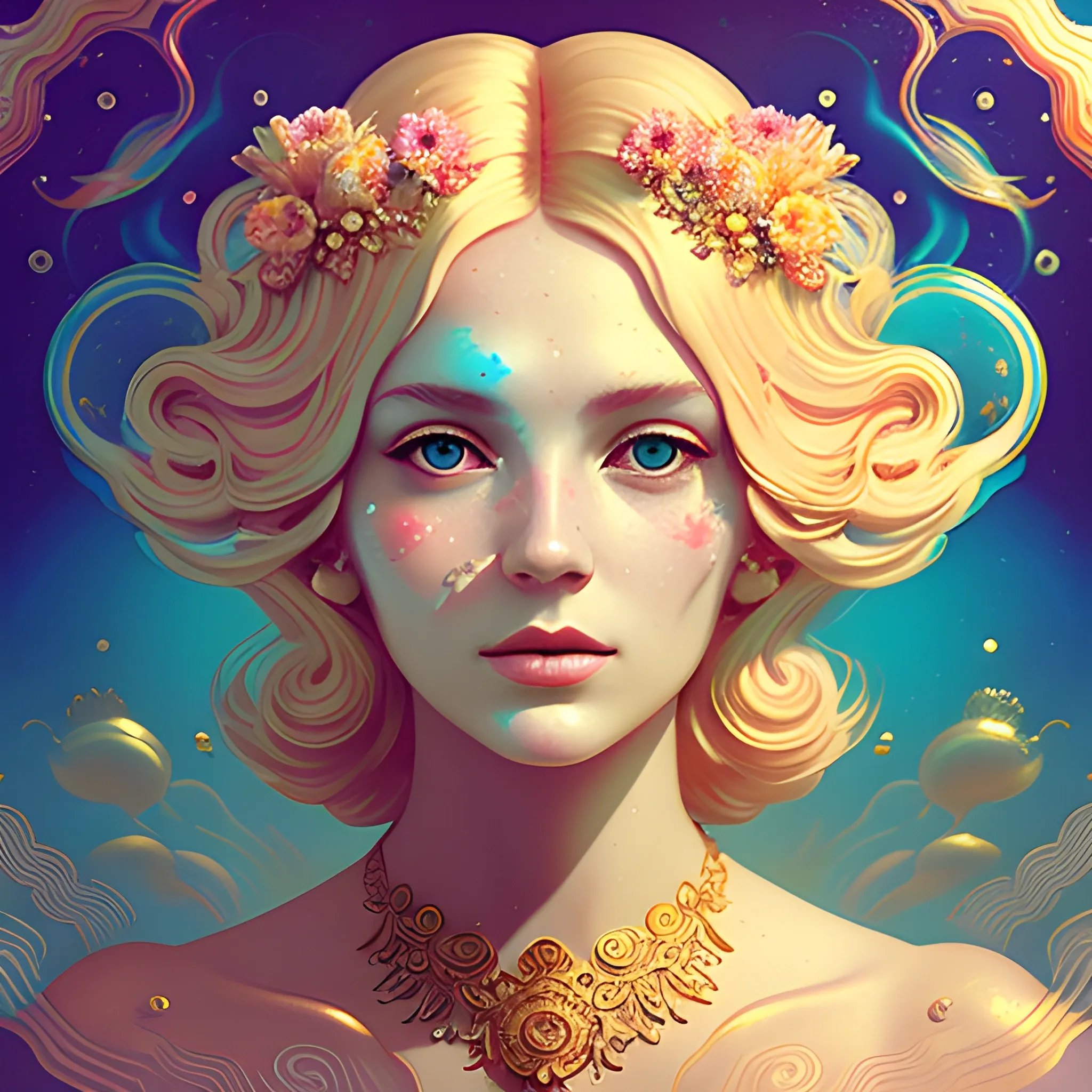 Flowery beautiful face blonde maiden with gold jewellery, by pet ...
