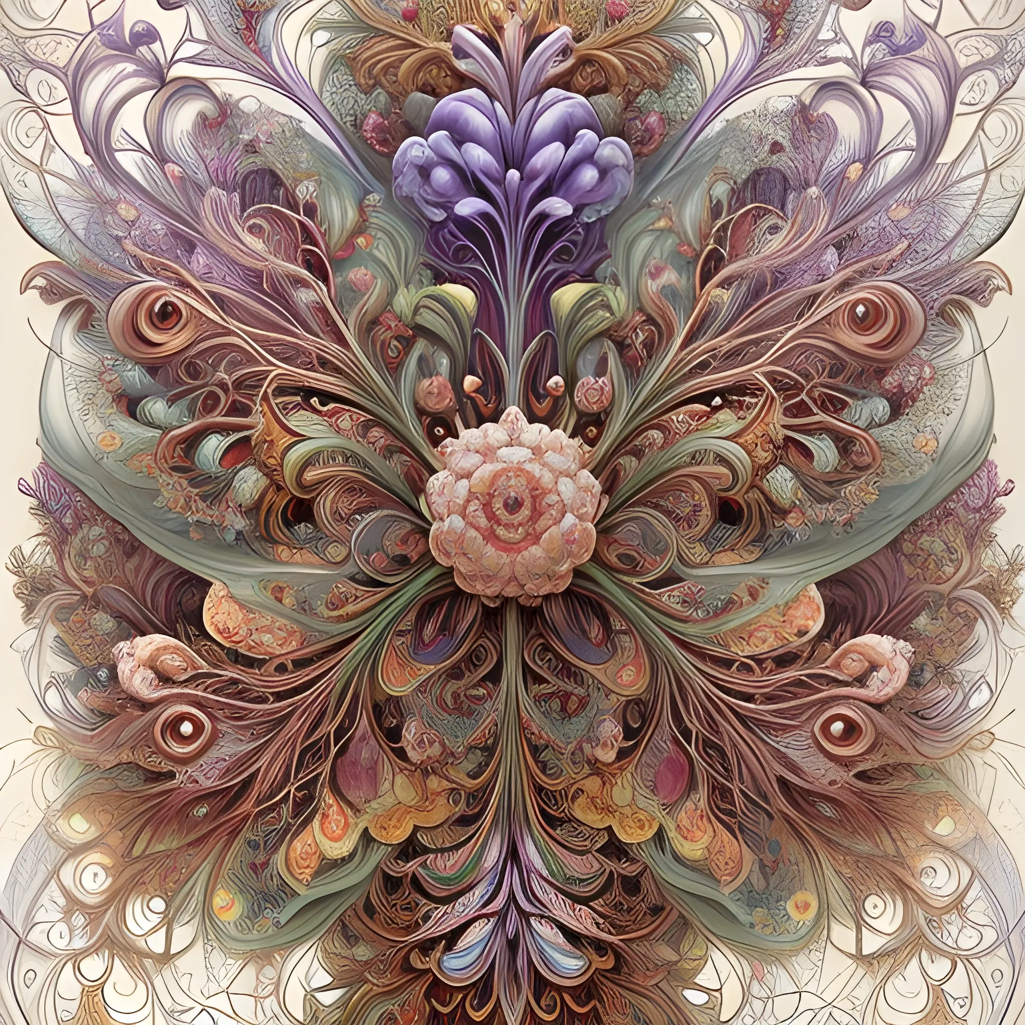 an ultra hd detailed painting of many different types of flowers by Android Jones, Earnst Haeckel, James Jean.  generative art, Baroque, intricate patterns, fractalism, rococo. 