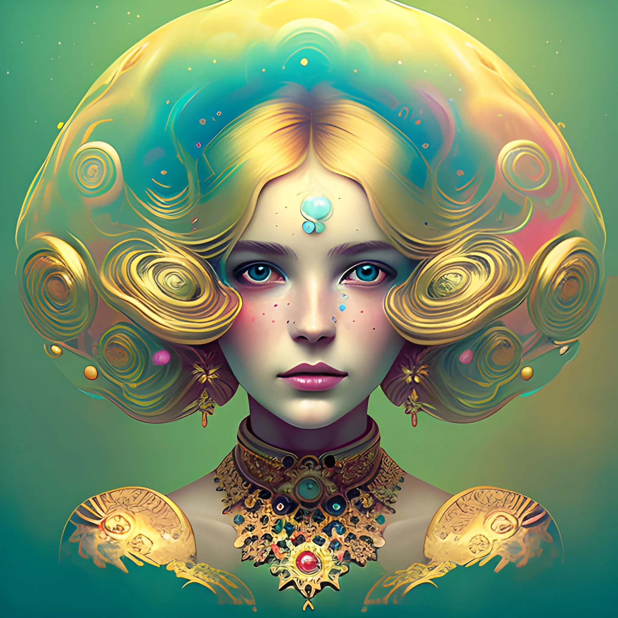 Flowery beautiful face blonde maiden with gold jewellery, by petros afshar, ross tran, Tom Bagshaw, tom whalen, underwater bubbly psychedelic clouds, Anaglyph 3D lens blur effect