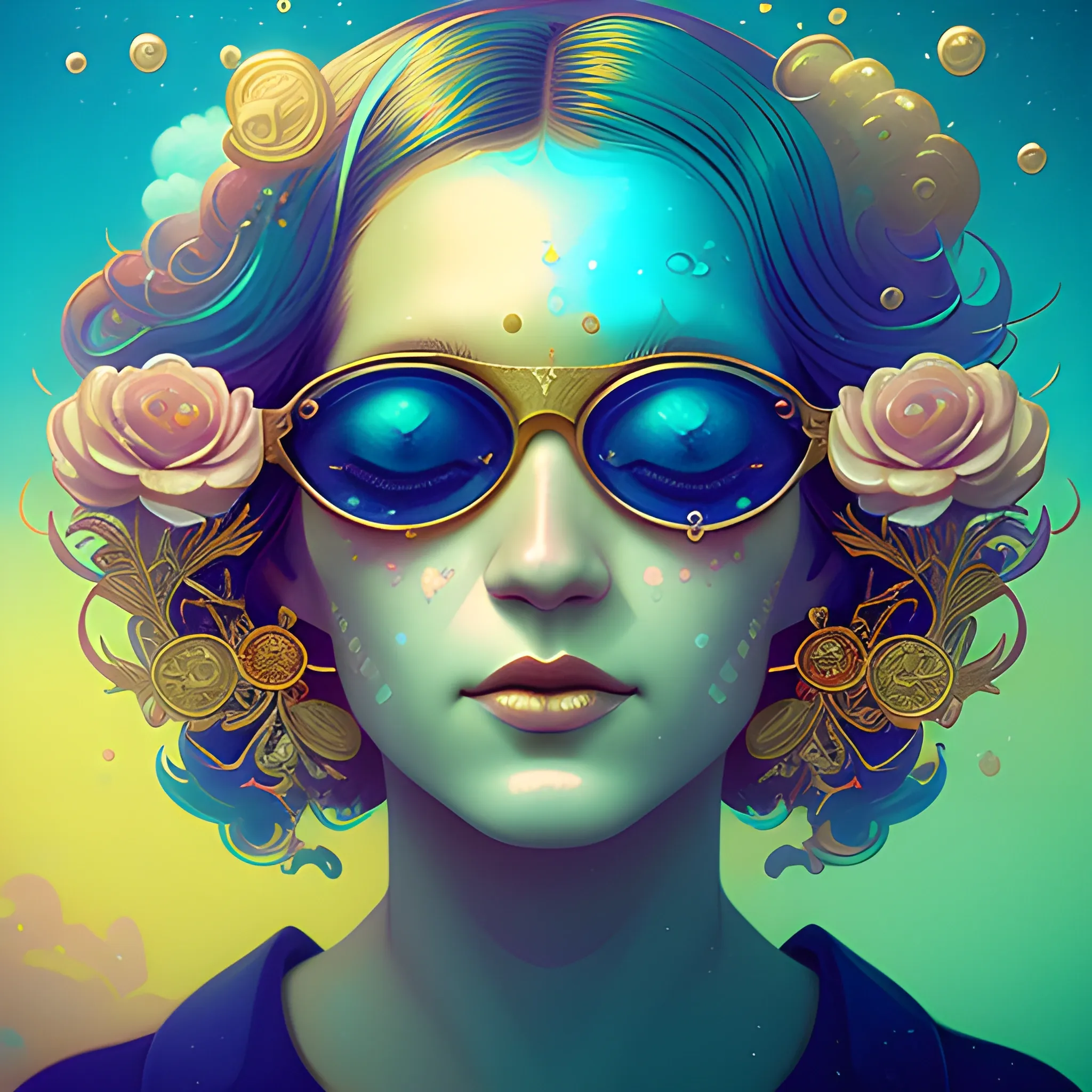 Flowery beautiful face with gold jewellery, by petros afshar, ross tran, Tom Bagshaw, tom whalen, underwater bubbly psychedelic clouds, Anaglyph 3D lens blur effect