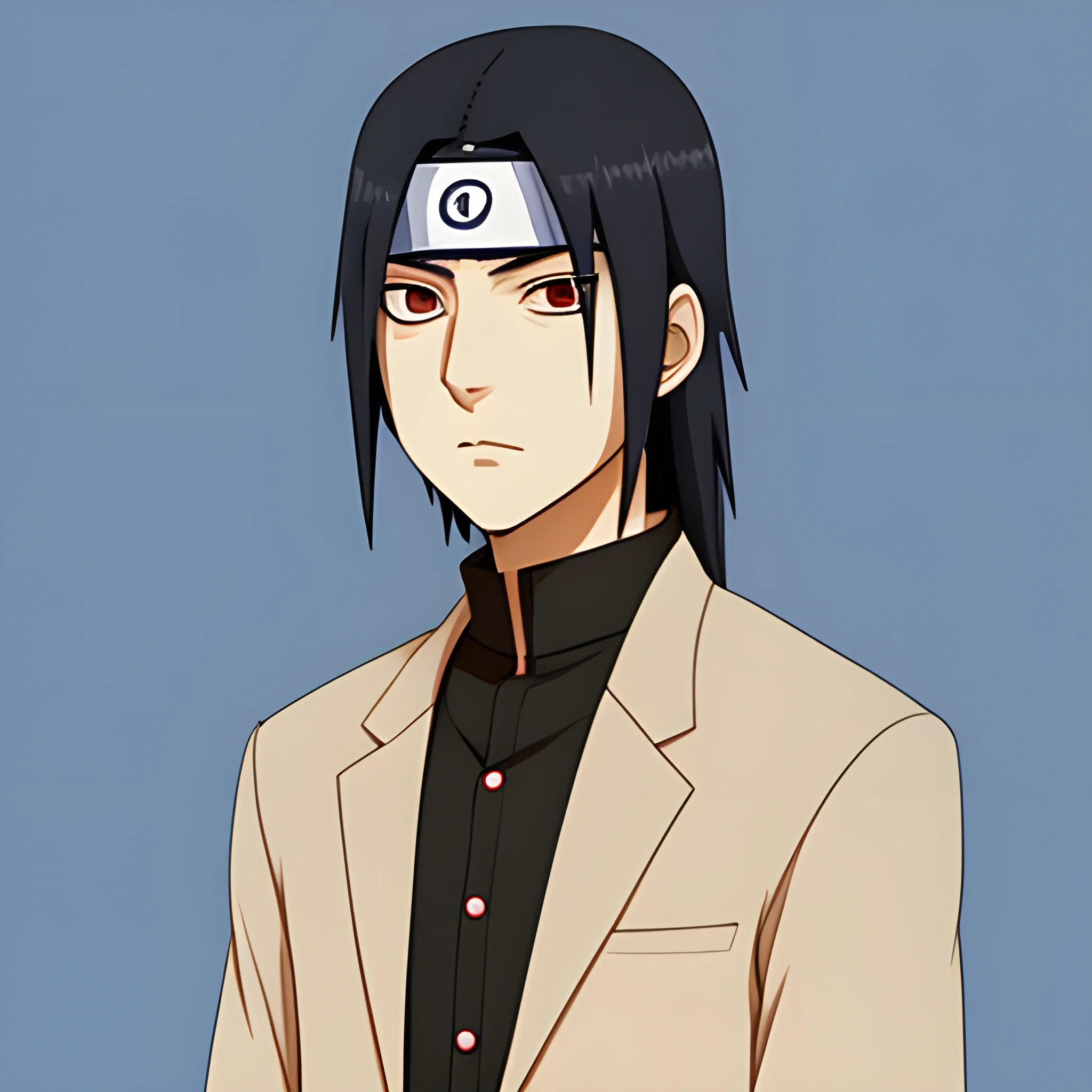 Uchiha Itachi wearing a beige suit on a blue background