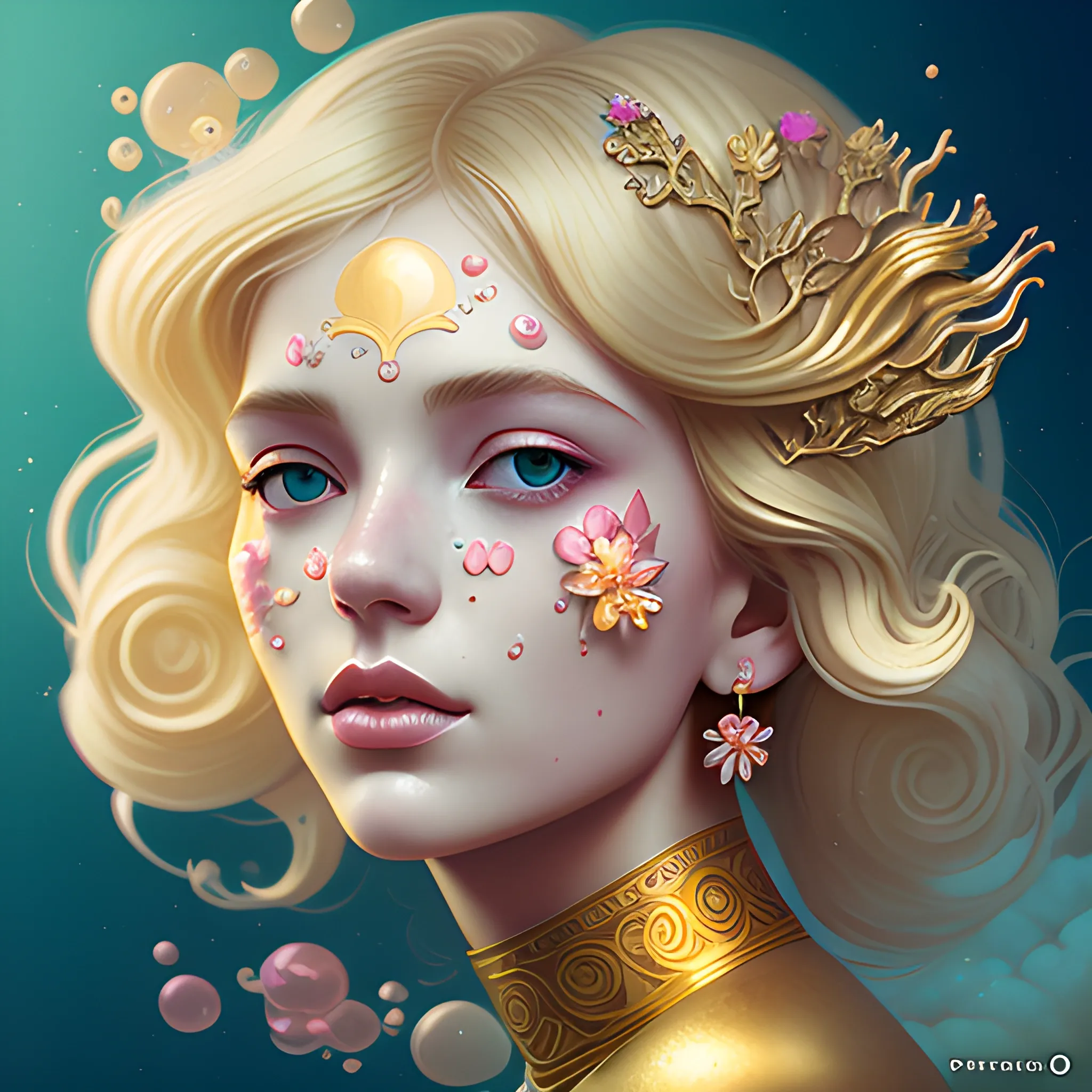 Flowery beautiful face blonde maiden with gold jewellery, by petros afshar, ross tran, Tom Bagshaw, tom whalen, underwater bubbly psychedelic clouds, Anaglyph 3D lens blur effect