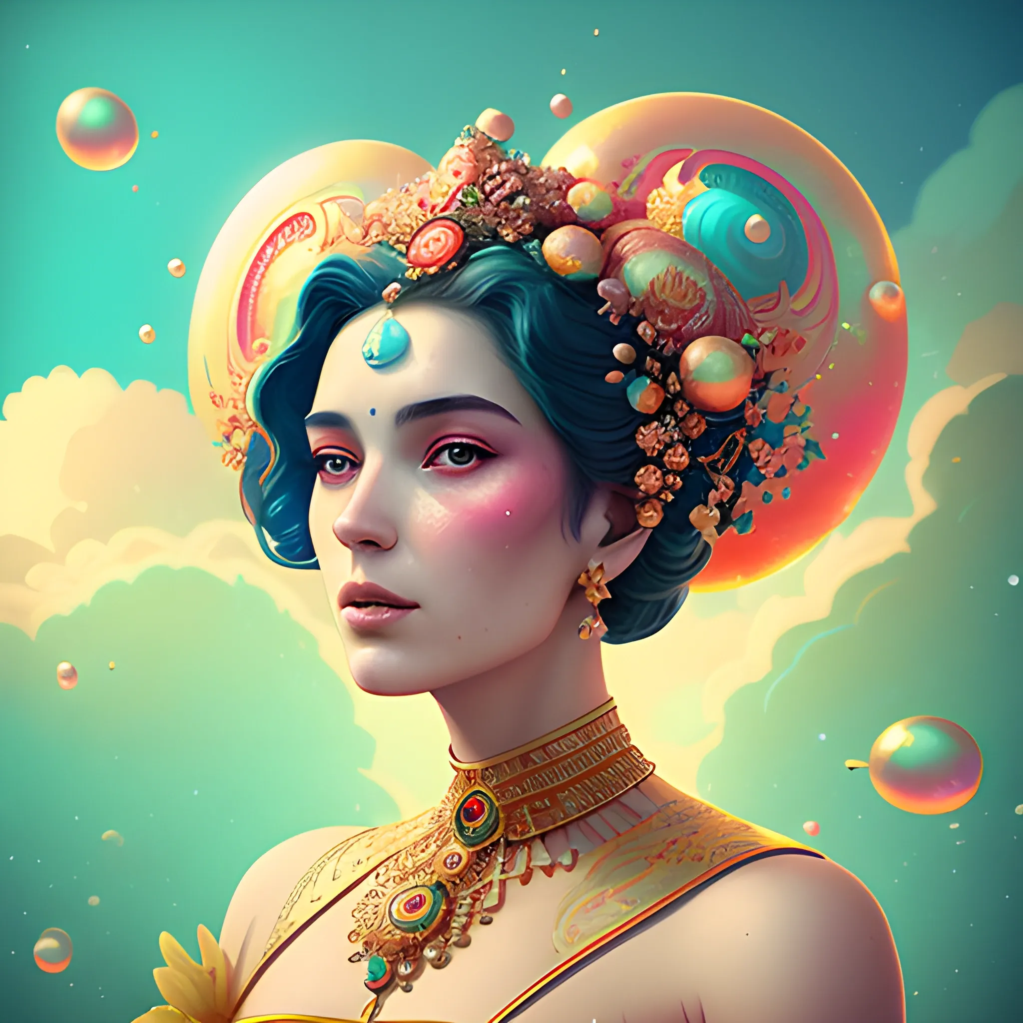 Flowery beautiful face and shoulders of an empress with gold jewellery, by petros afshar, ross tran, Tom Bagshaw, tom whalen, underwater bubbly psychedelic clouds, Anaglyph 3D lens blur effect