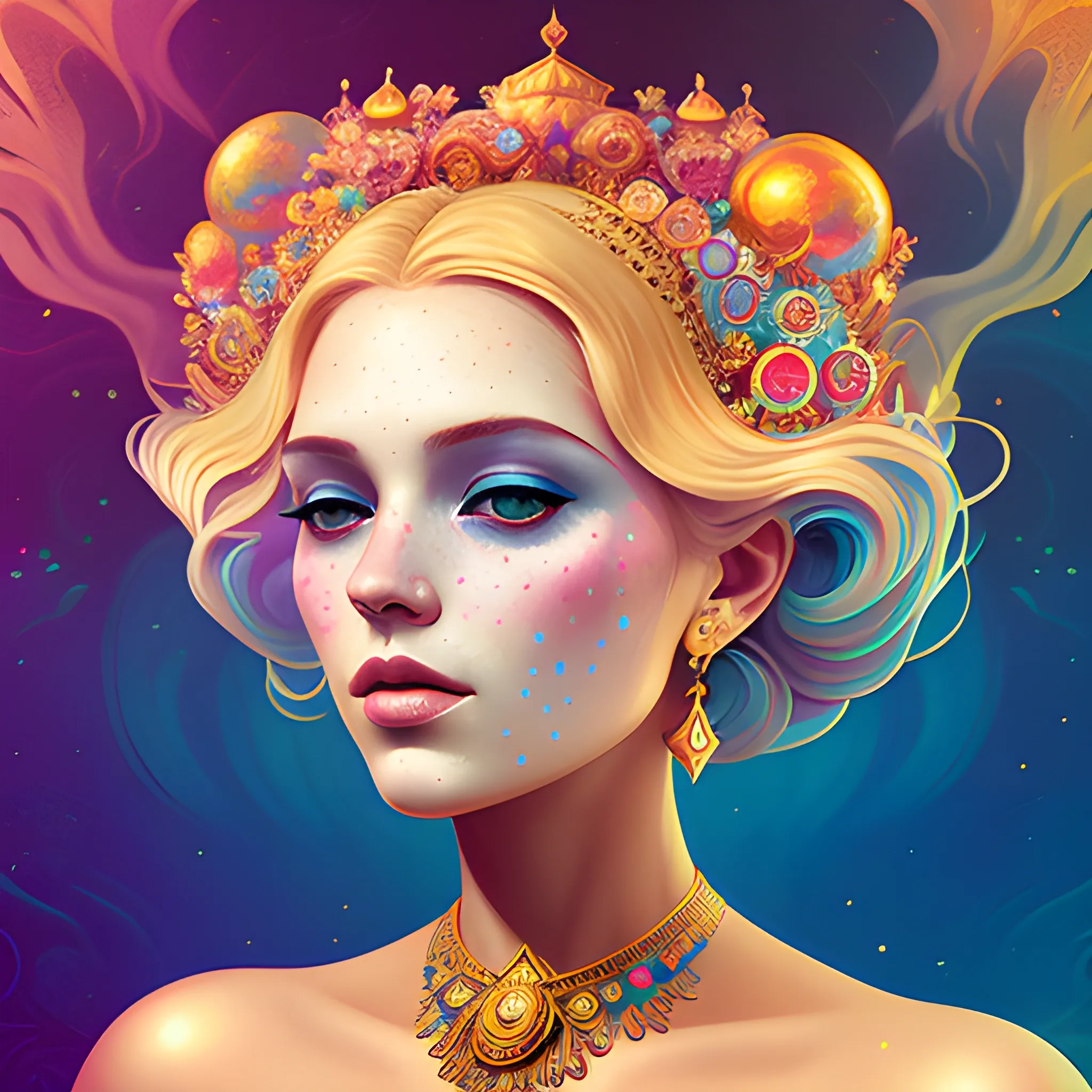 Flowery beautiful face blonde empress with gold jewellery, by petros afshar, ross tran, Tom Bagshaw, tom whalen, underwater bubbly psychedelic clouds, Anaglyph 3D lens blur effect