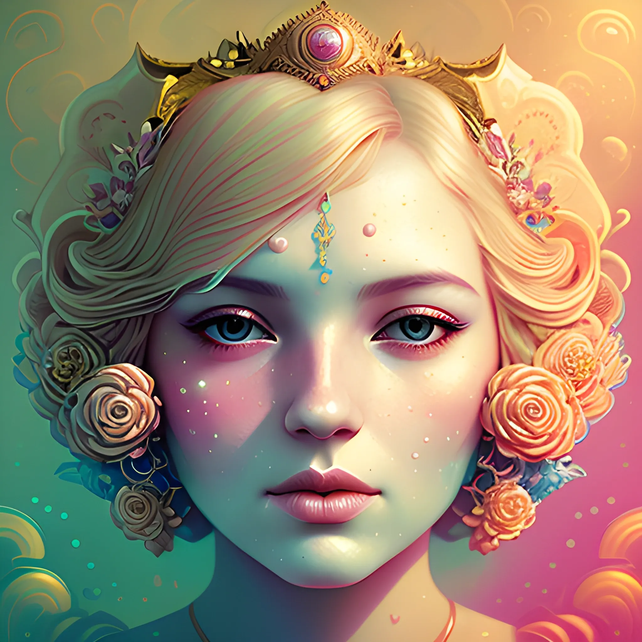 Flowery beautiful face blonde empress with gold jewellery, by petros afshar, ross tran, Tom Bagshaw, tom whalen, underwater bubbly psychedelic clouds, Anaglyph 3D lens blur effect
