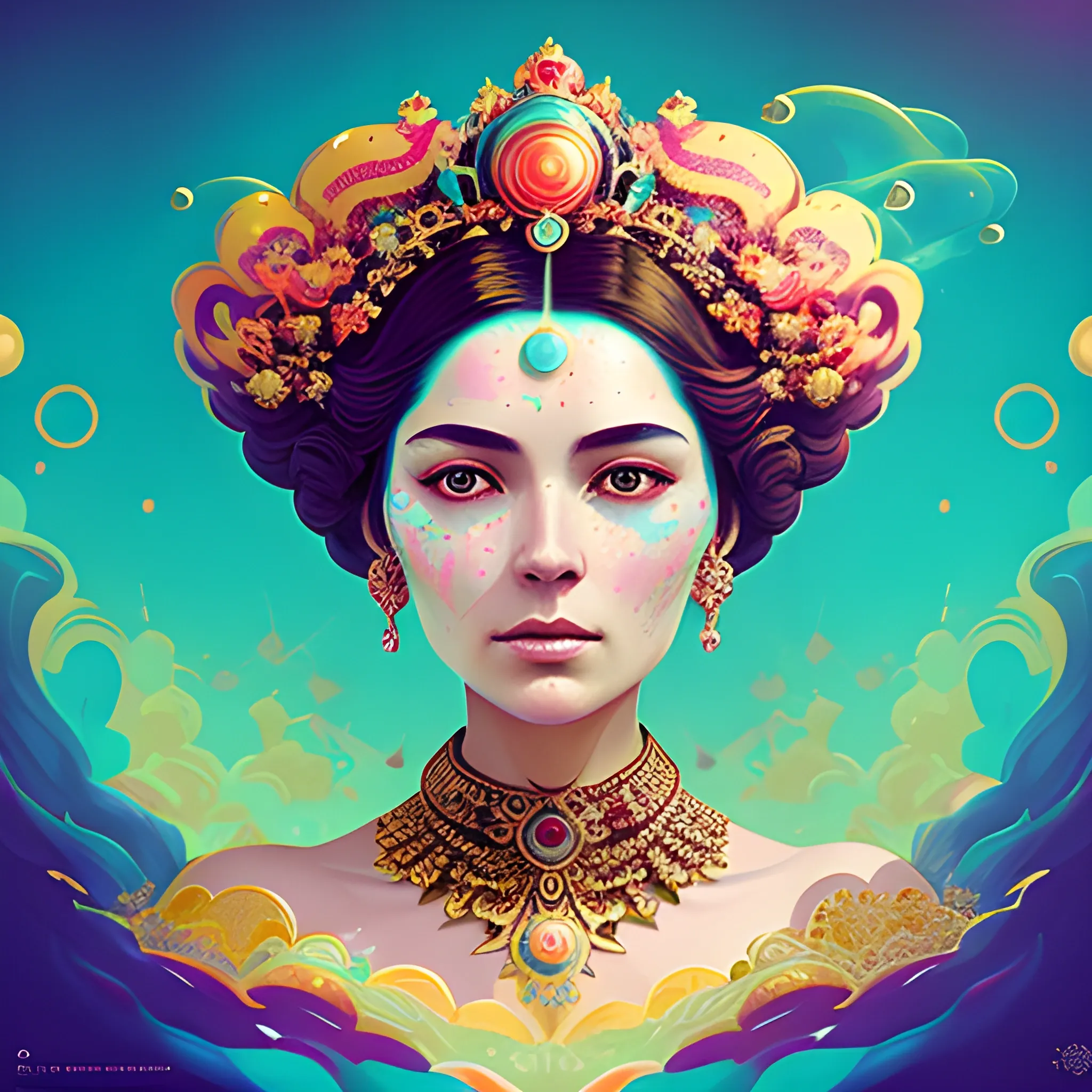 Flowery beautiful face and shoulders of an empress with gold jewellery, by petros afshar, ross tran, Tom Bagshaw, tom whalen, underwater bubbly psychedelic clouds, Anaglyph 3D lens blur effect