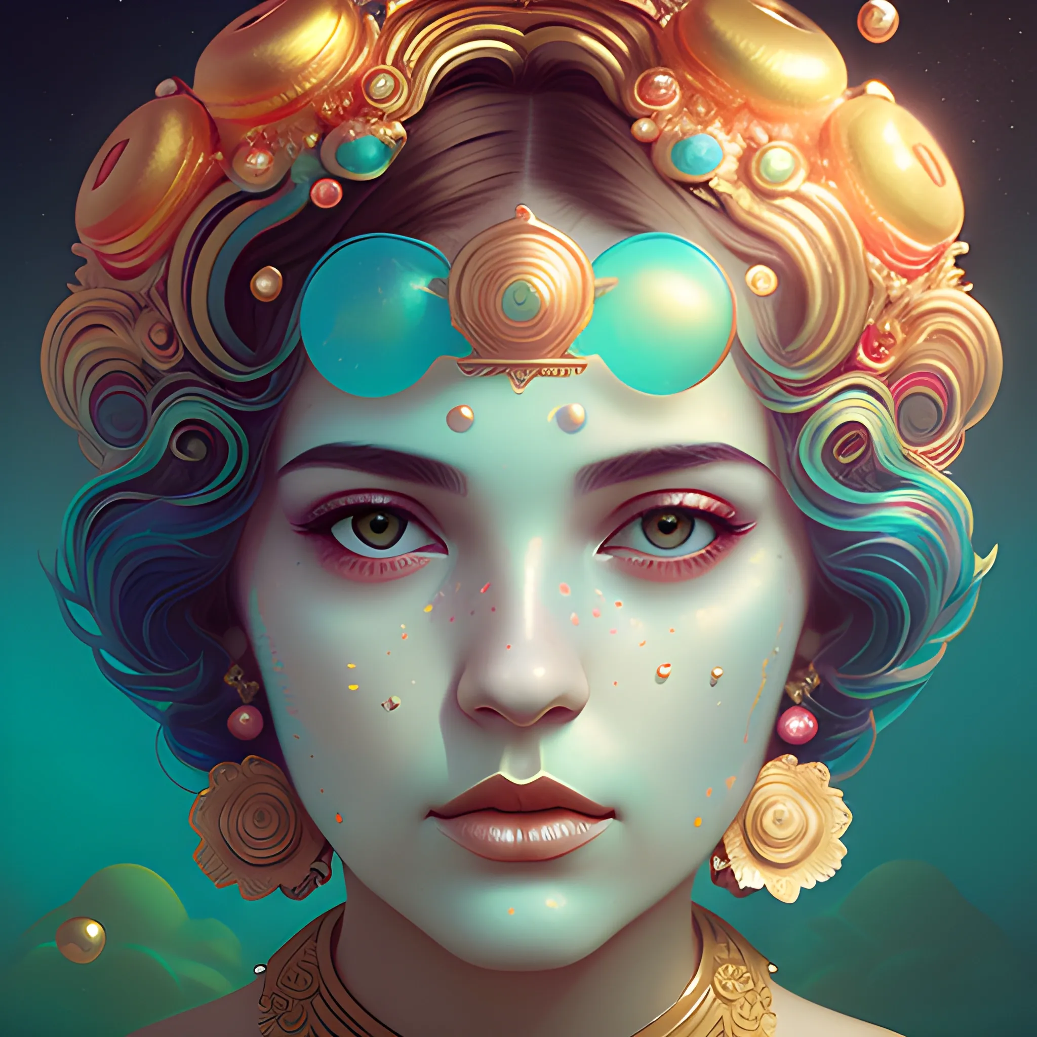 Flowery beautiful face with gold jewellery, by petros afshar, ross tran, Tom Bagshaw, tom whalen, underwater bubbly psychedelic clouds, Anaglyph 3D lens blur effect
