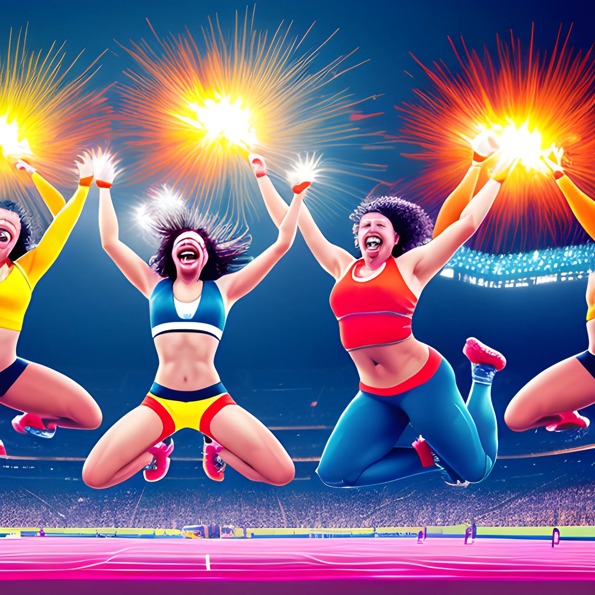 Generate a vibrant image portraying a diverse group of people at a sports event, jumping in exhilaration, arms raised, and faces glowing with smiles. Convey the electric atmosphere and the shared sense of joy and excitement."