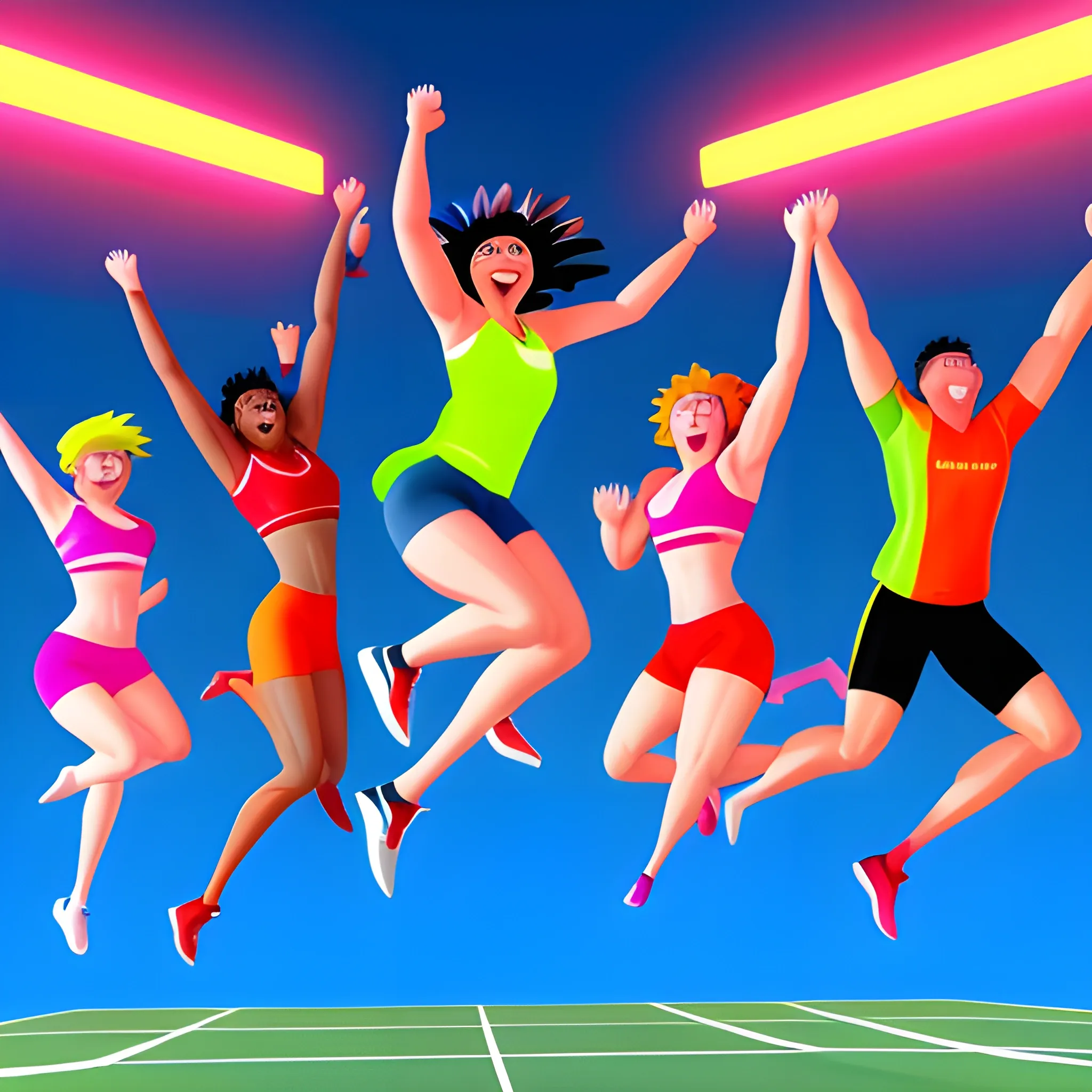 Generate a vibrant image portraying a diverse group of people at a sports event, jumping in exhilaration, arms raised, and faces glowing with smiles. Convey the electric atmosphere and the shared sense of joy and excitement.", Cartoon, 3D