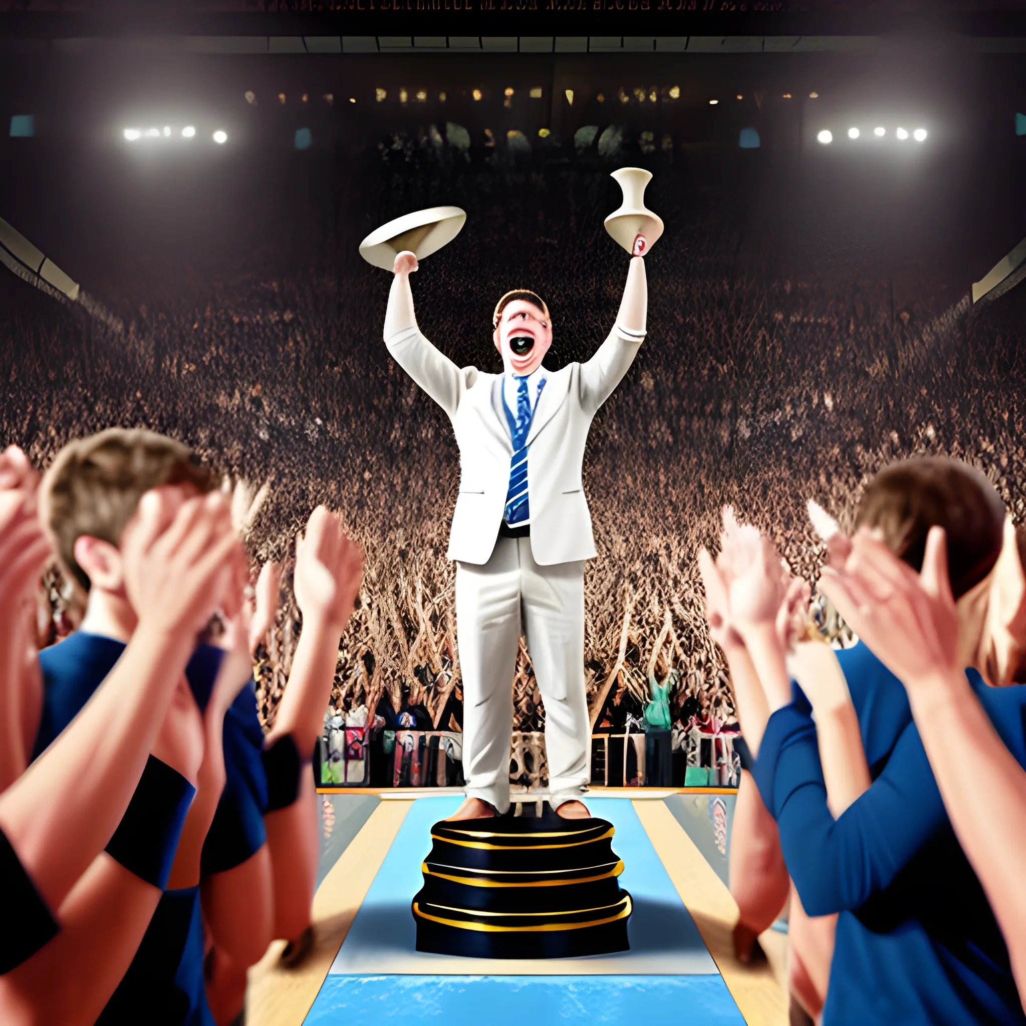 Create an image showing a person standing on a podium, proudly holding a trophy aloft, surrounded by applauding fans. Convey the victorious moment of accomplishment and the realization of hard work paying off.
