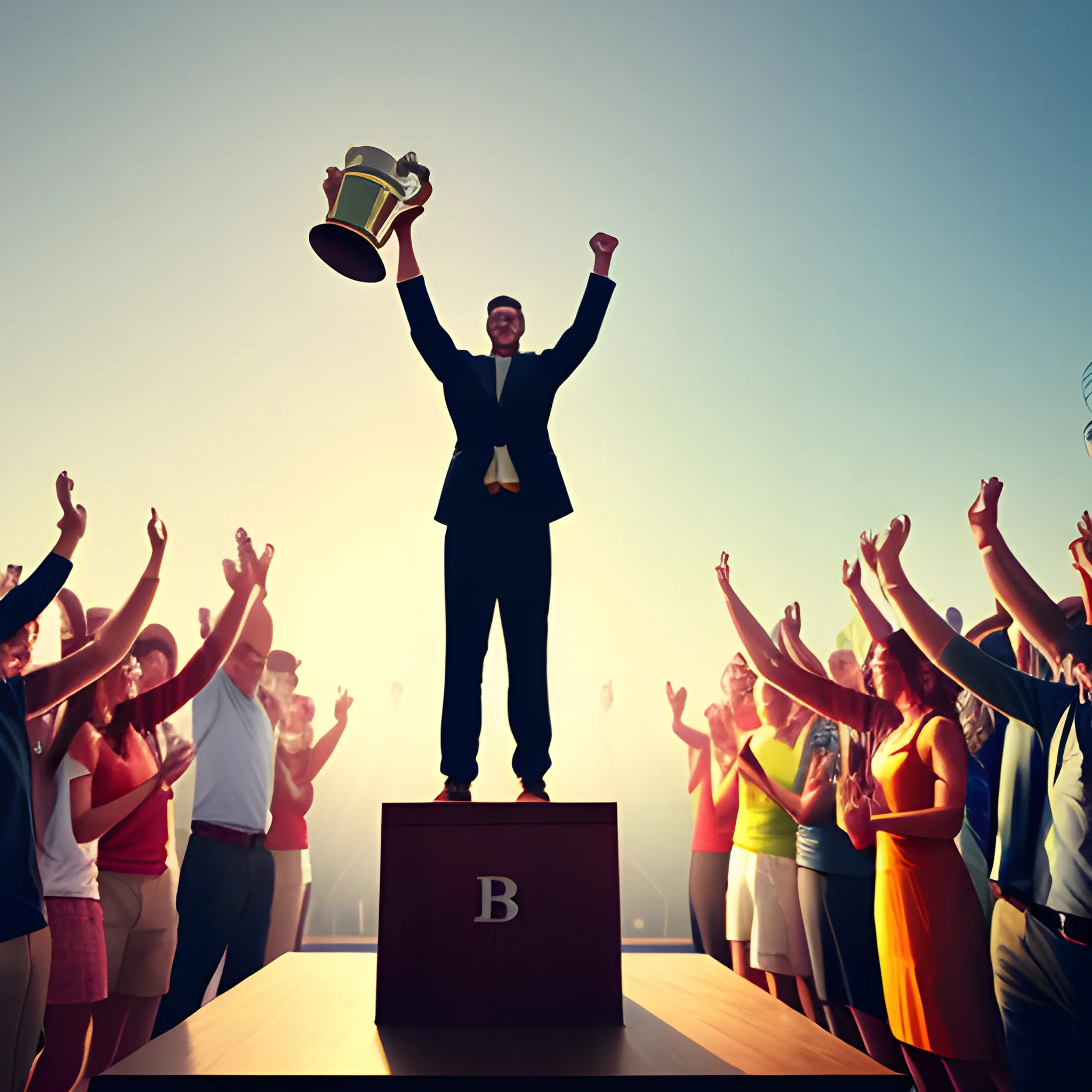 Create an image showing a person standing on a podium, proudly holding a trophy aloft, surrounded by applauding fans. Convey the victorious moment of accomplishment and the realization of hard work paying off.
