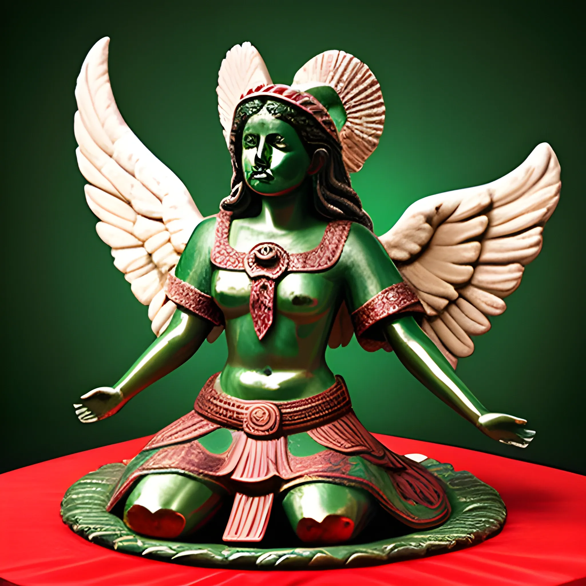 mexico independence angel statue with broken heart, azteca table background