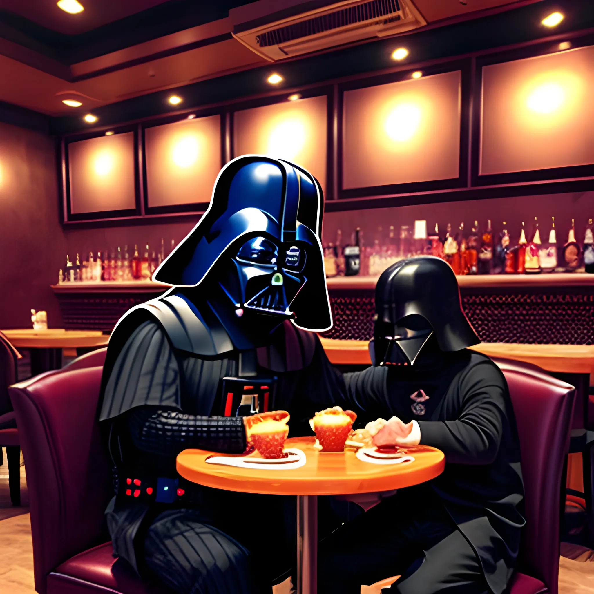 dark vader in a restaurant with Messi