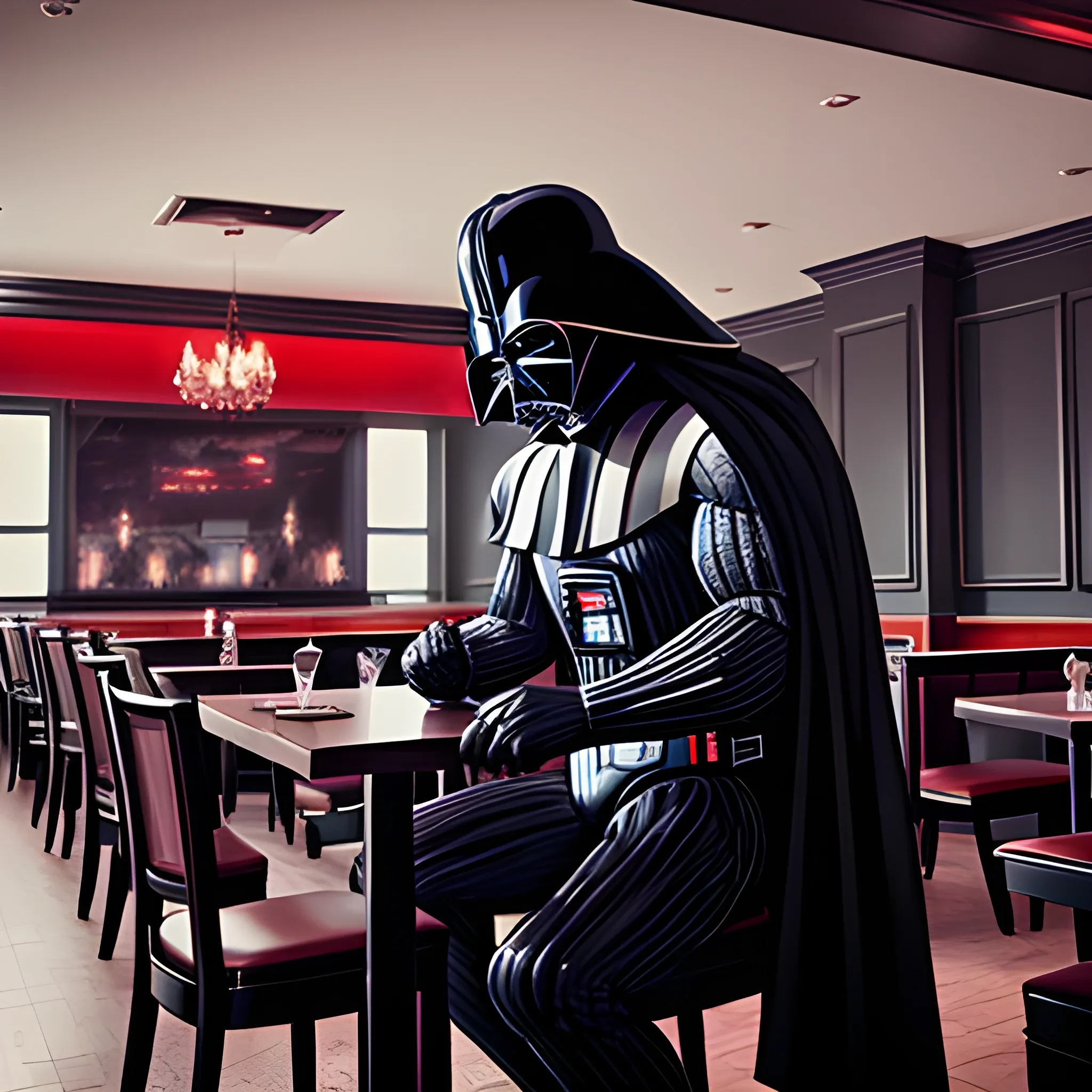 dark vader in a restaurant with superman