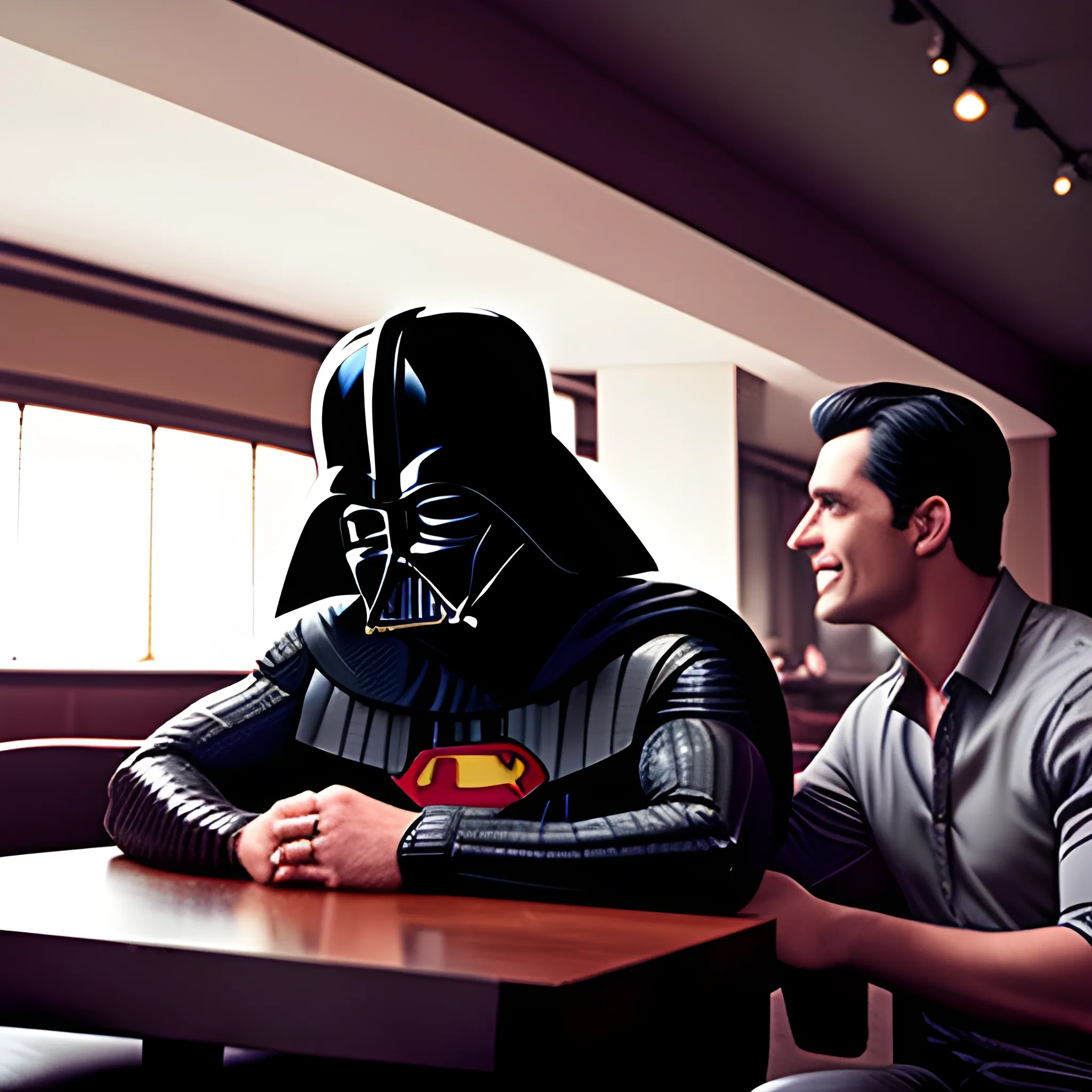 dark vader in a restaurant talking with superman