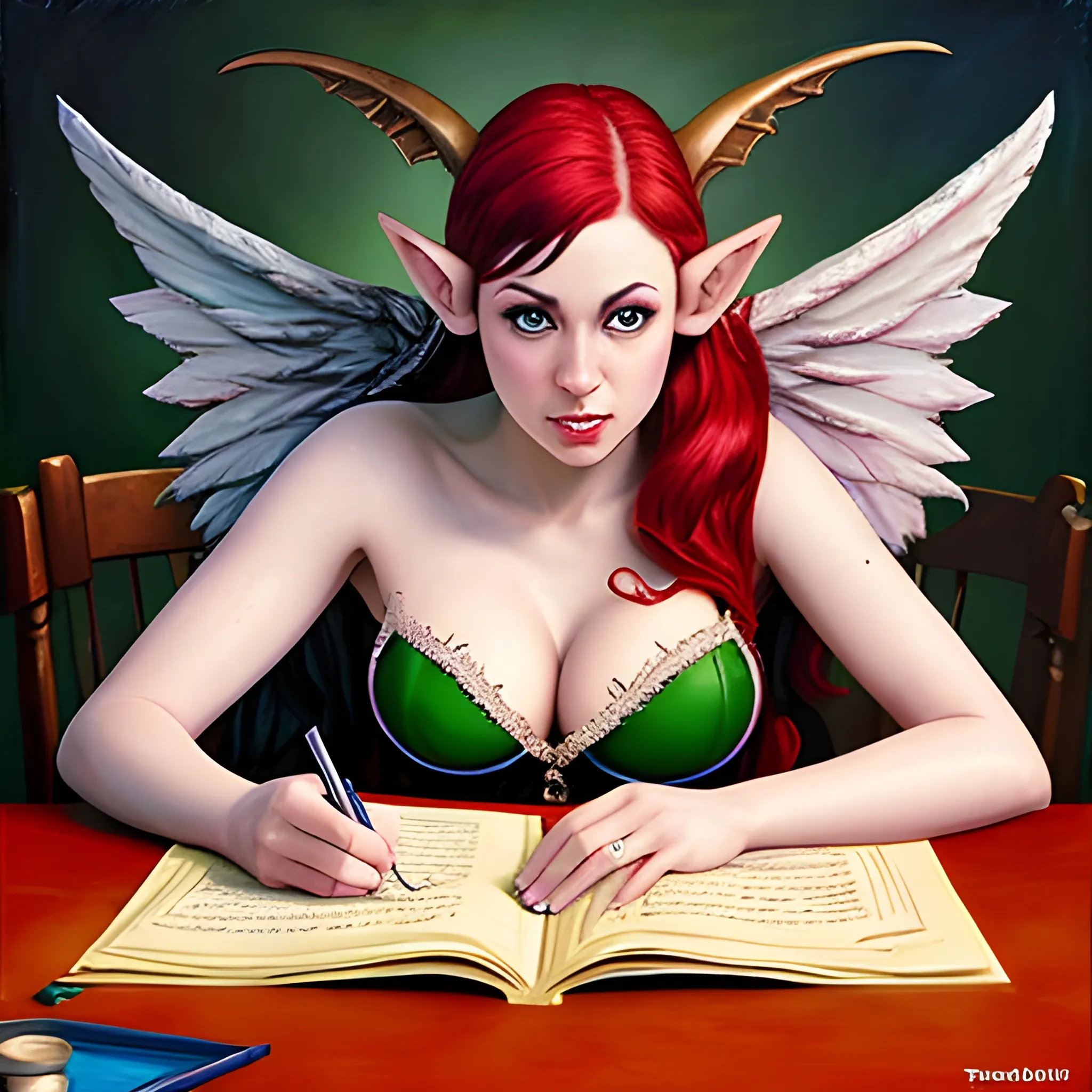 , Oil Painting realistic photo quality 21 year old cherry poptart adult comic character with elf ears and wings, cleavage, filling out the world's smallest political quiz at TheAdvoctes.org and scoring 100/100
