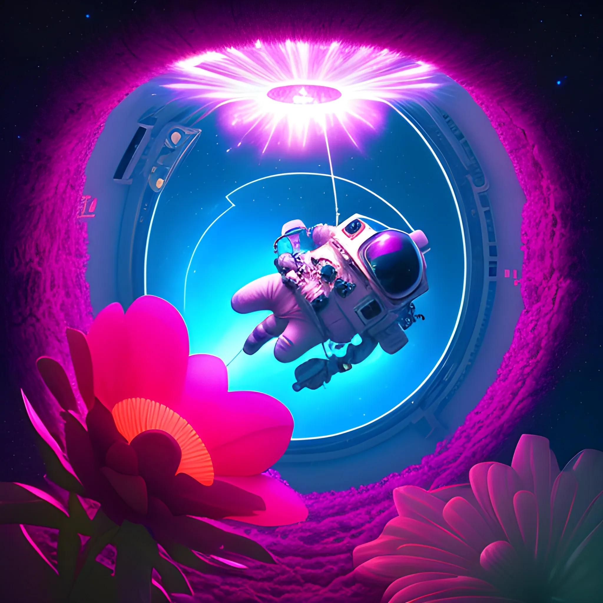 A realistic picture, from above, of an astronaut landing inside an intergalactic giant flower, in a strange planet, with lights that reminds '80s neon atmosphere, 3D