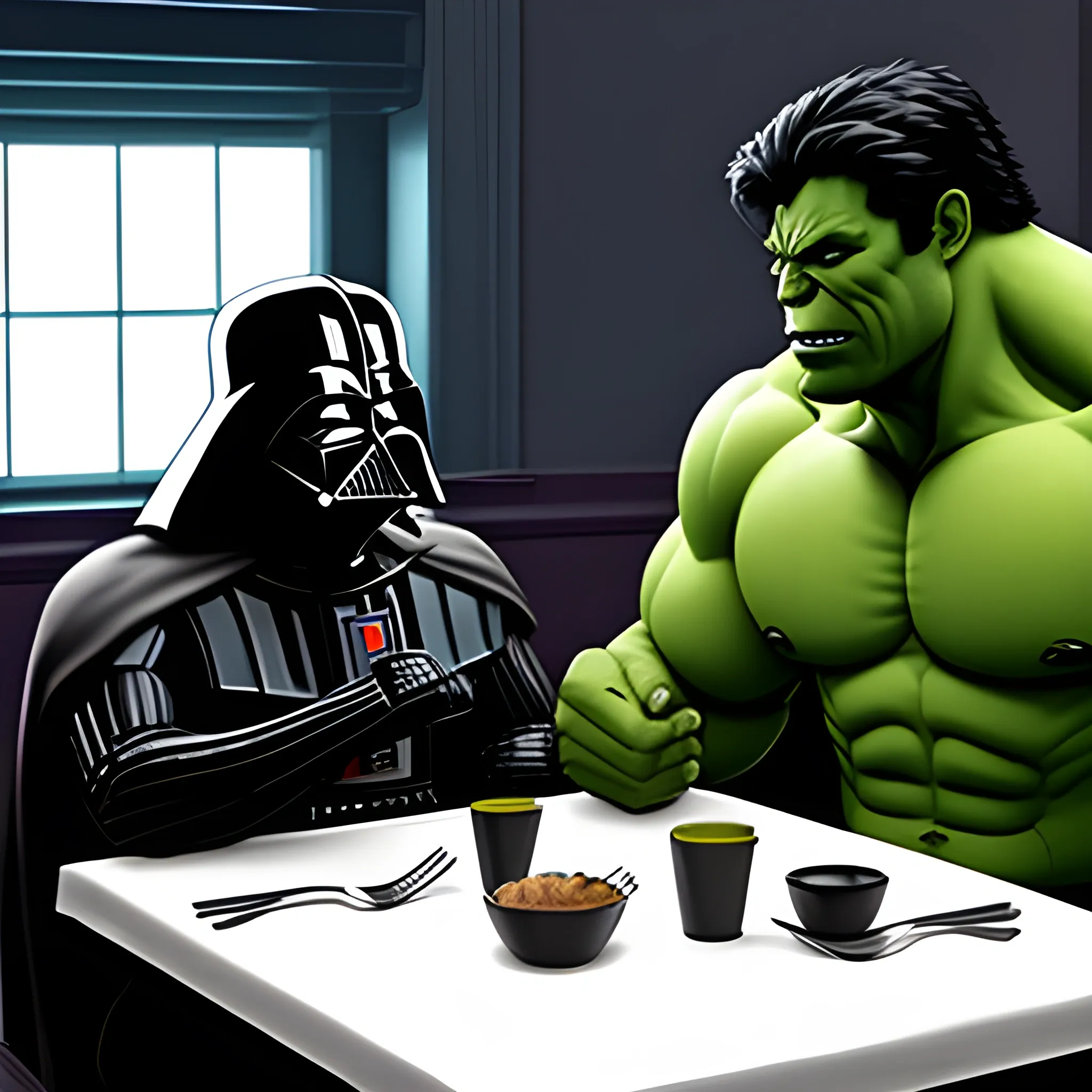 dark vader in a restaurant talking to hulk 