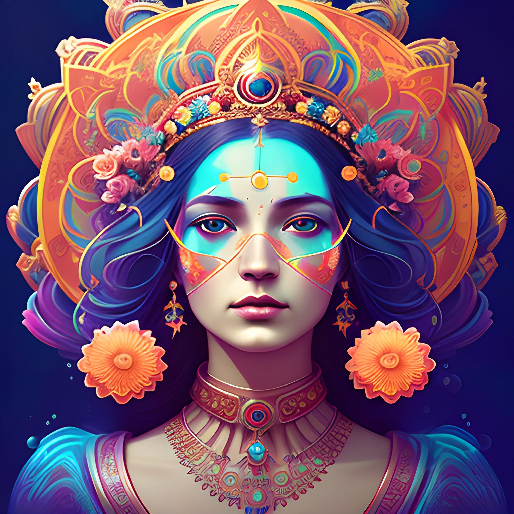 Flowery beautiful face empress or priestess with gold jewellery, by petros afshar, ross tran, Tom Bagshaw, tom whalen, underwater bubbly psychedelic clouds, Anaglyph 3D lens blur effect