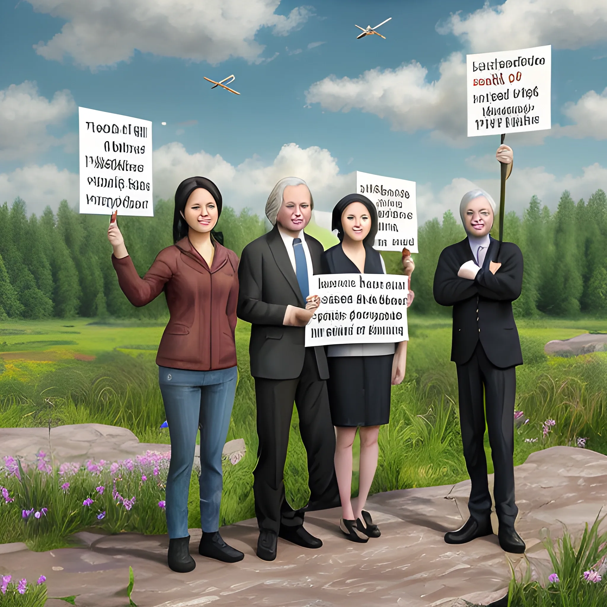 Oil Painting, 3D, realistic, Lyn Zhao, Anna Walentynowicz, Julian Assange, Ross Ulbricht, Ian Freeman, Frederick Douglass, Mary Ruwart and Adam Smith looking sincere, friendly and happy, standing in front of a background of forest, nature, and cityscape, with spaceships and scattered clouds in the sky on a beautiful day, holding up a banner reading FREEDOM in different languages