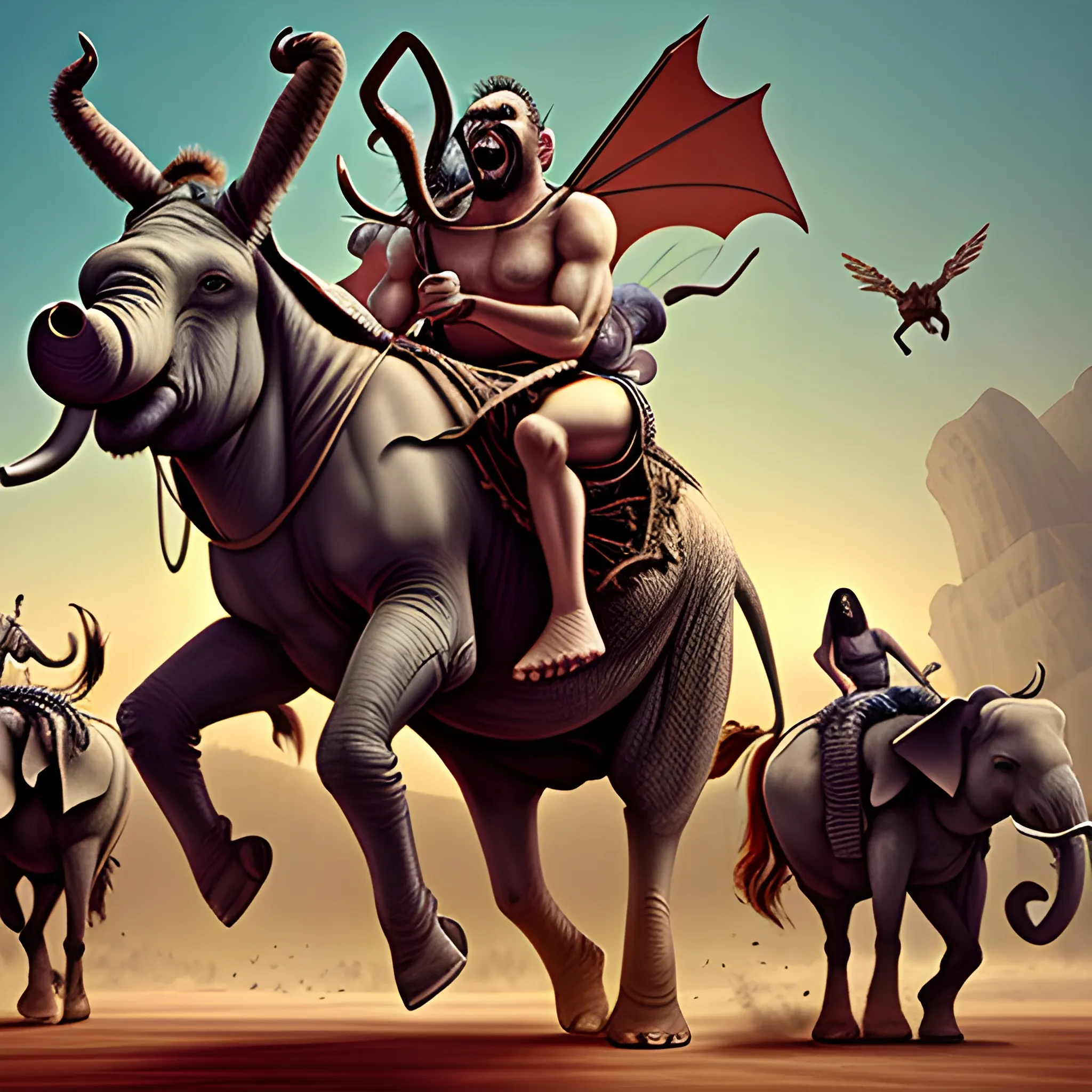 A giant angry looking donkey and angry looking elephant galloping together into hell, with a bunch of people riding on their backs., Cartoon