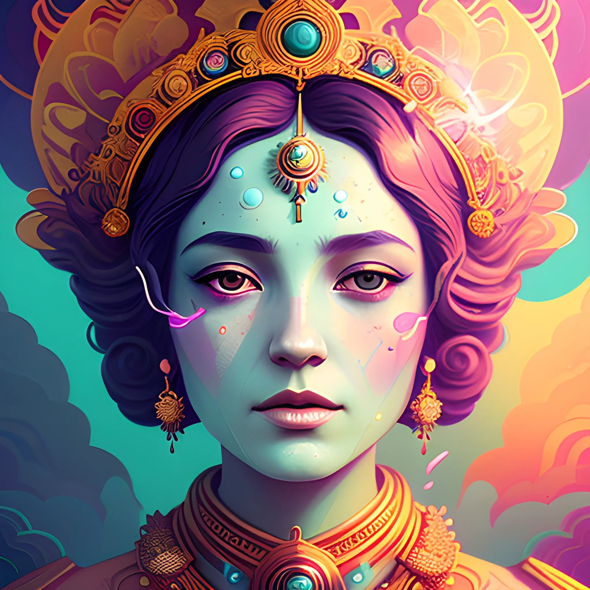 Flowery beautiful face of empress or priestess with gold jewellery, by petros afshar, ross tran, Tom Bagshaw, tom whalen, underwater bubbly psychedelic clouds, Anaglyph 3D lens blur effect