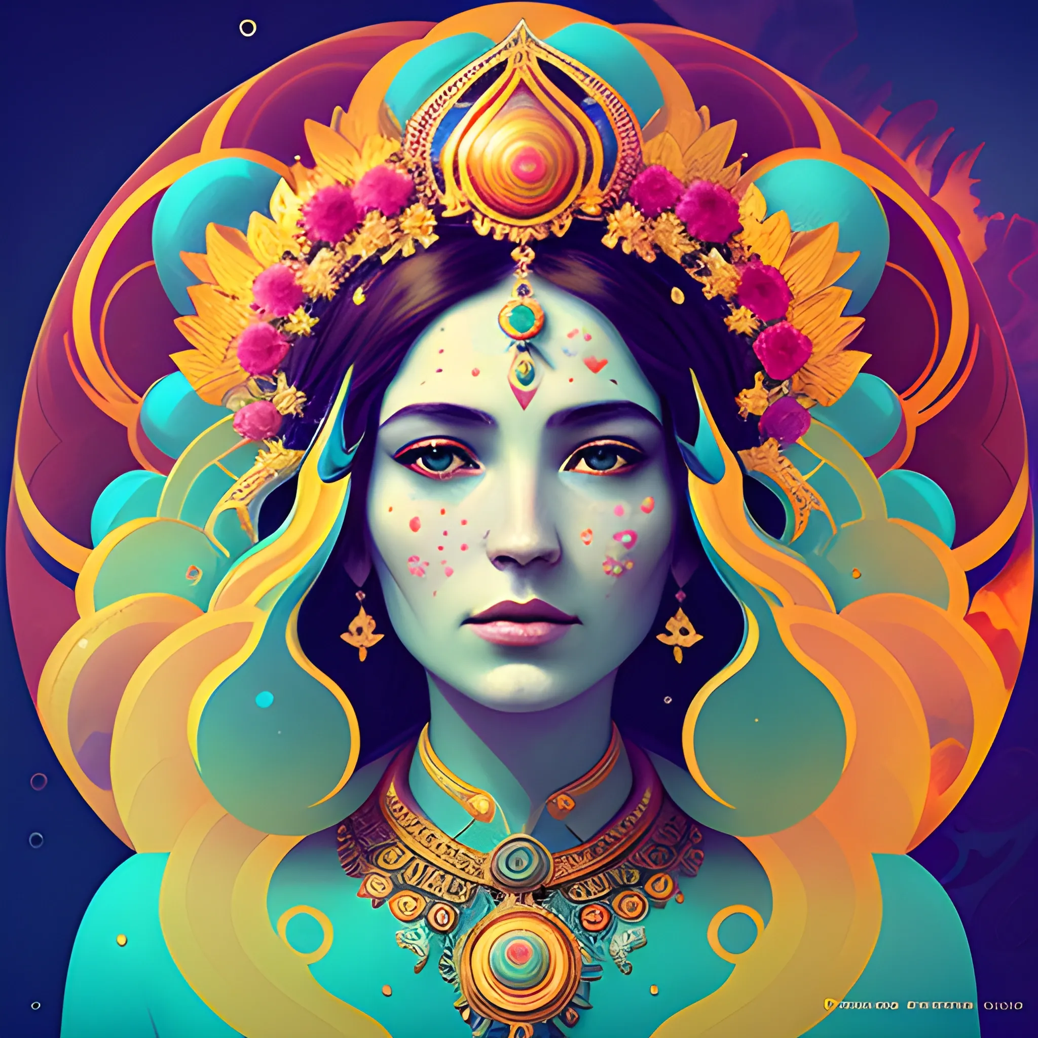Flowery beautiful face of empress or priestess with gold jewellery, by petros afshar, ross tran, Tom Bagshaw, tom whalen, underwater bubbly psychedelic clouds, Anaglyph 3D lens blur effect