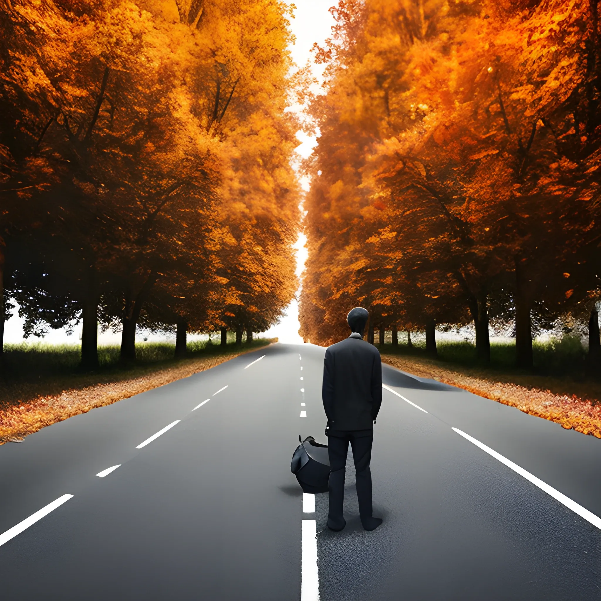 Autumn. Road. Perspective view. Trees. Black BMW parked car on the roadside. Man standing on the center of the road and looking into the distance. The leaves on the road scatter from a wind.