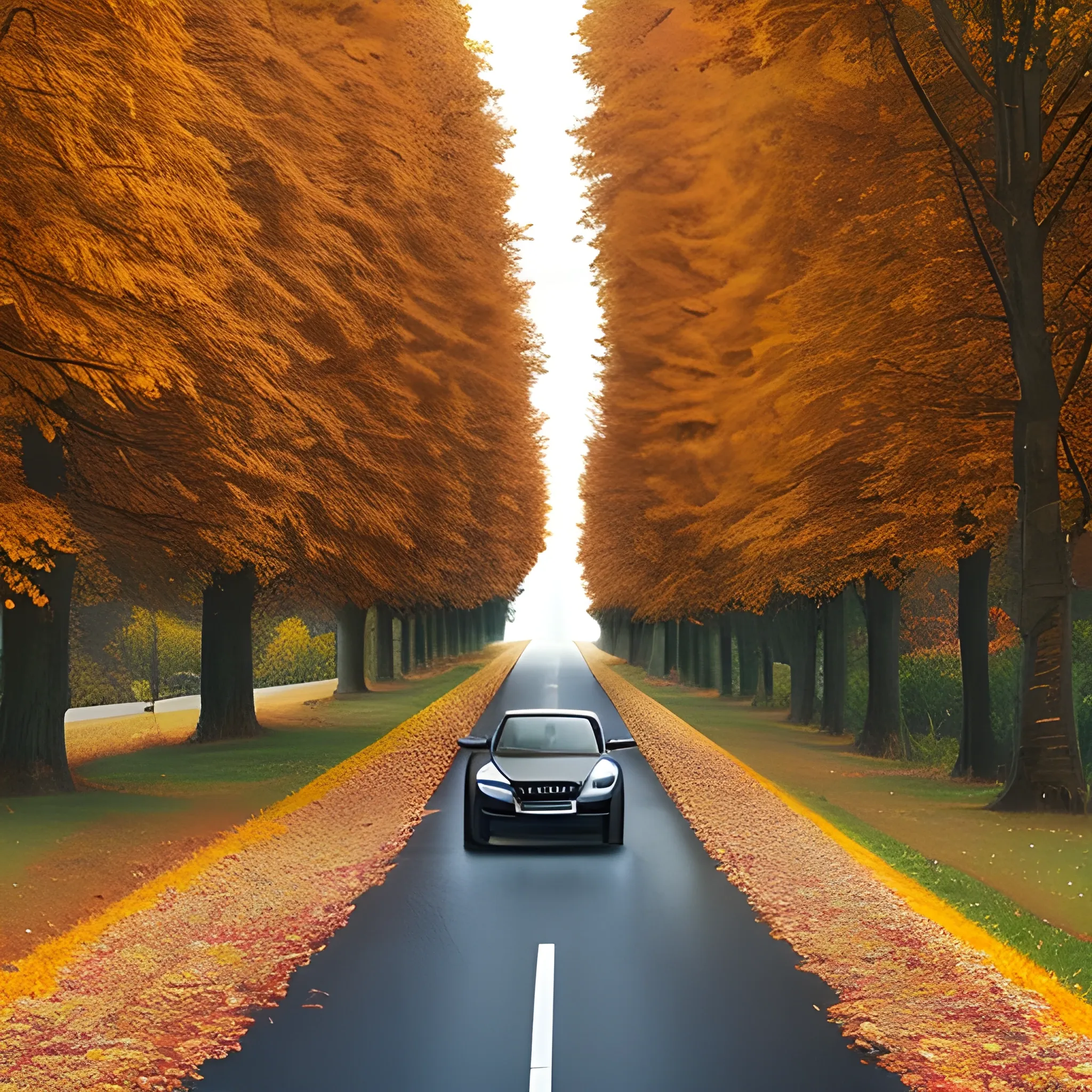 Autumn. Road. Perspective view. Trees. Black BMW parked car on the roadside. Man standing on the center of the road and looking into the distance. The leaves on the road scatter from a wind.