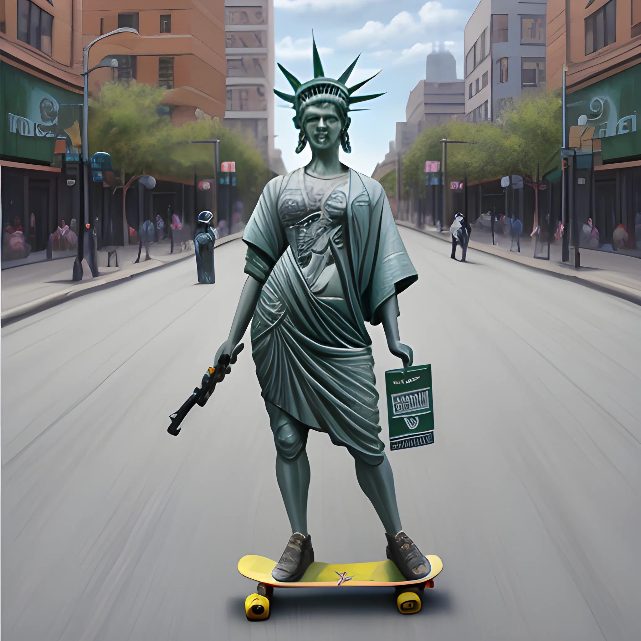 An androgynous Statue of Liberty riding a skateboard down an urban street, with a mohawk hairstyle, smoking a joint, carrying a gun, and wearing a Bitcoin half-shirt, photo realistic oil painting
