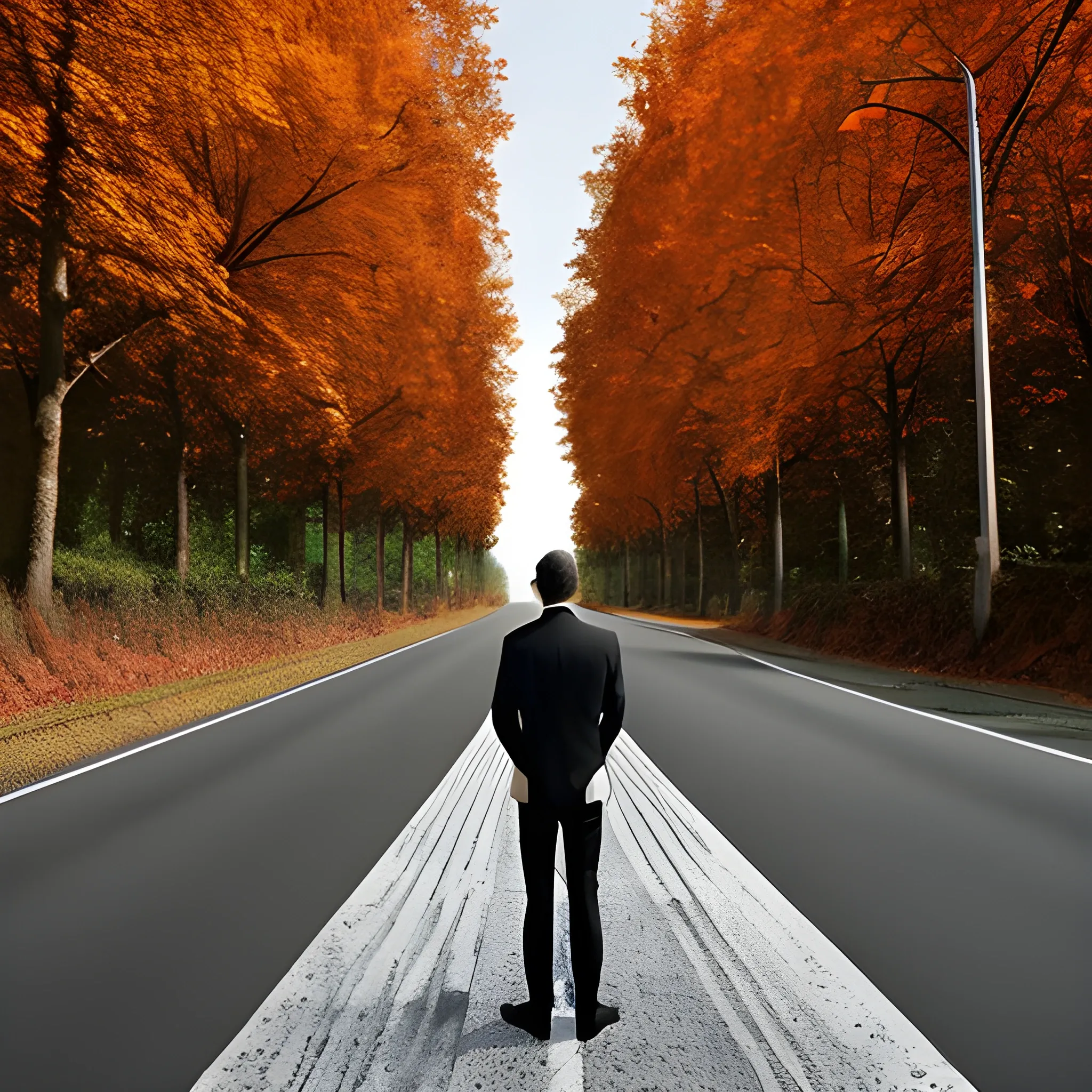 Autumn. Road. Perspective view. Trees. Black BMW parked car on the roadside. Man standing on the center of the road and looking into the distance. The leaves on the road scatter from a wind.