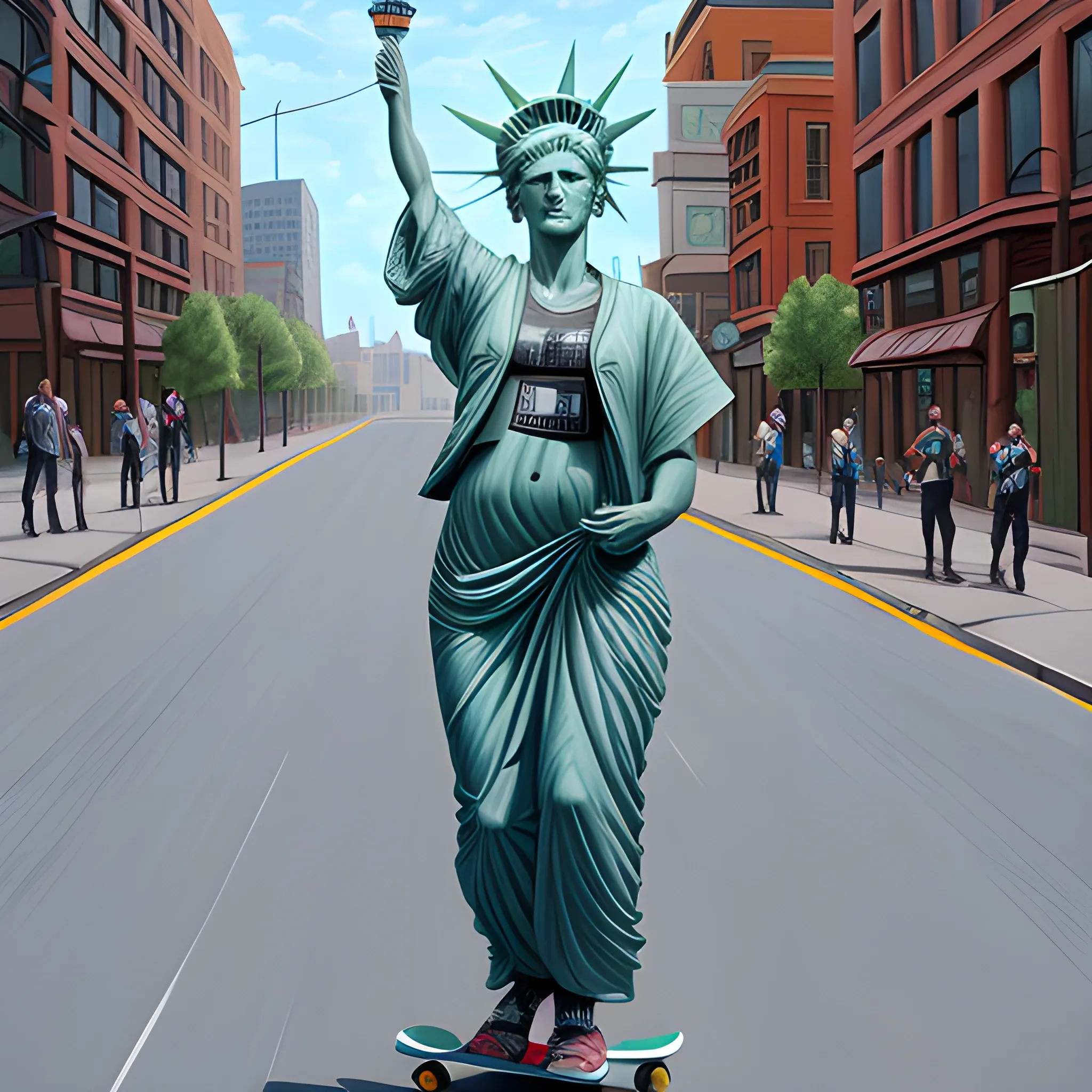 An androgynous Statue of Liberty riding a skateboard down an urban street, with a mohawk hairstyle, smoking a joint, carrying a gun, and wearing a Bitcoin half-shirt, photo realistic oil painting