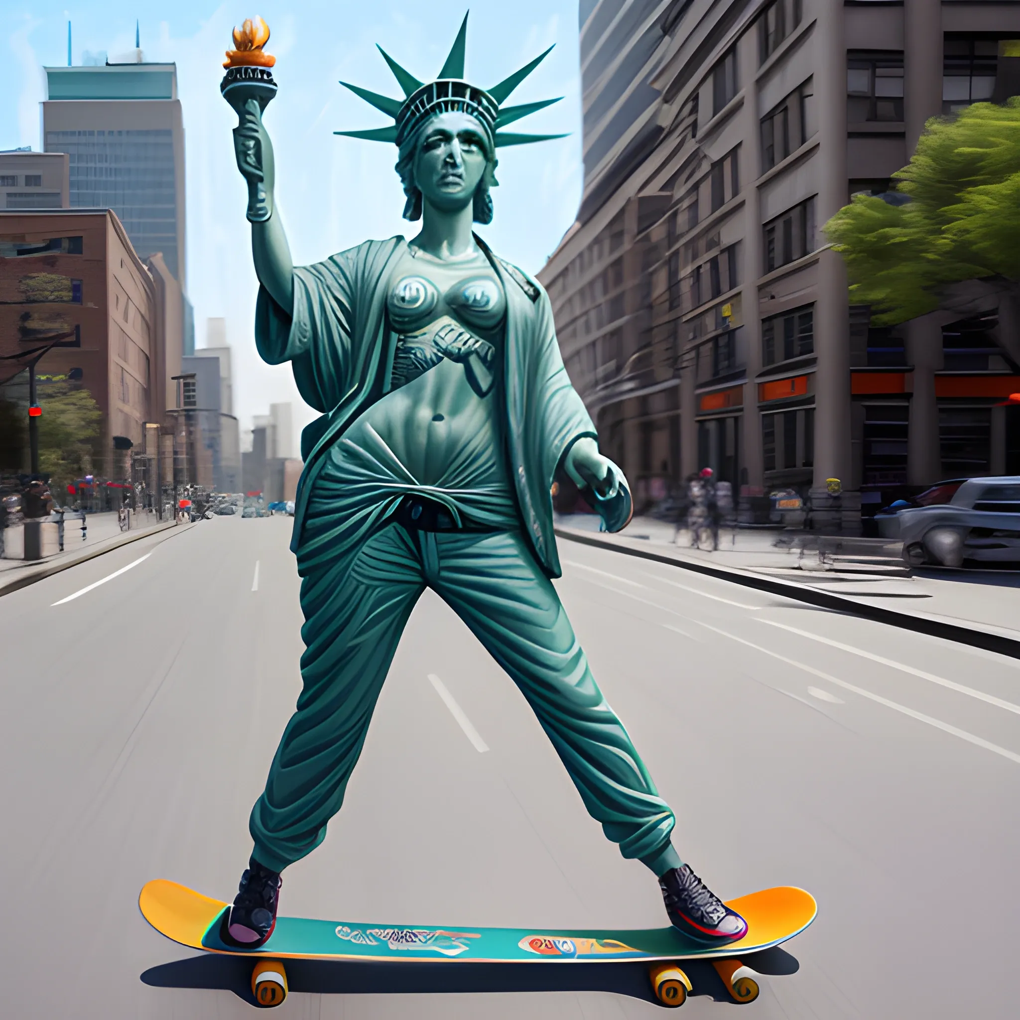 Side motion view of an androgynous Statue of Liberty riding a skateboard down an urban street, with a mohawk hairstyle, smoking a joint, carrying a gun, and wearing a Bitcoin half-shirt, photo realistic oil painting