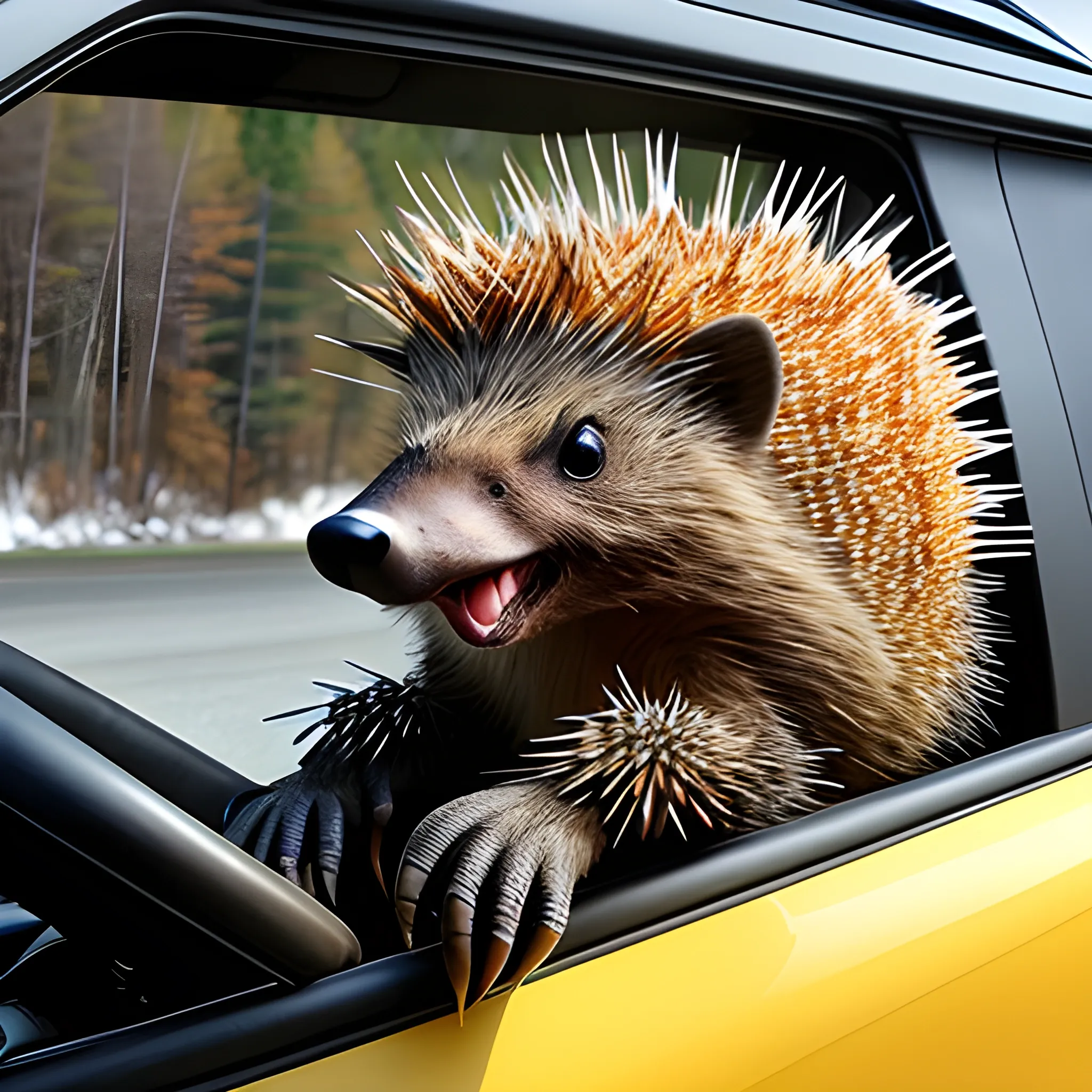 A porcupine driving a car to New Hampshire