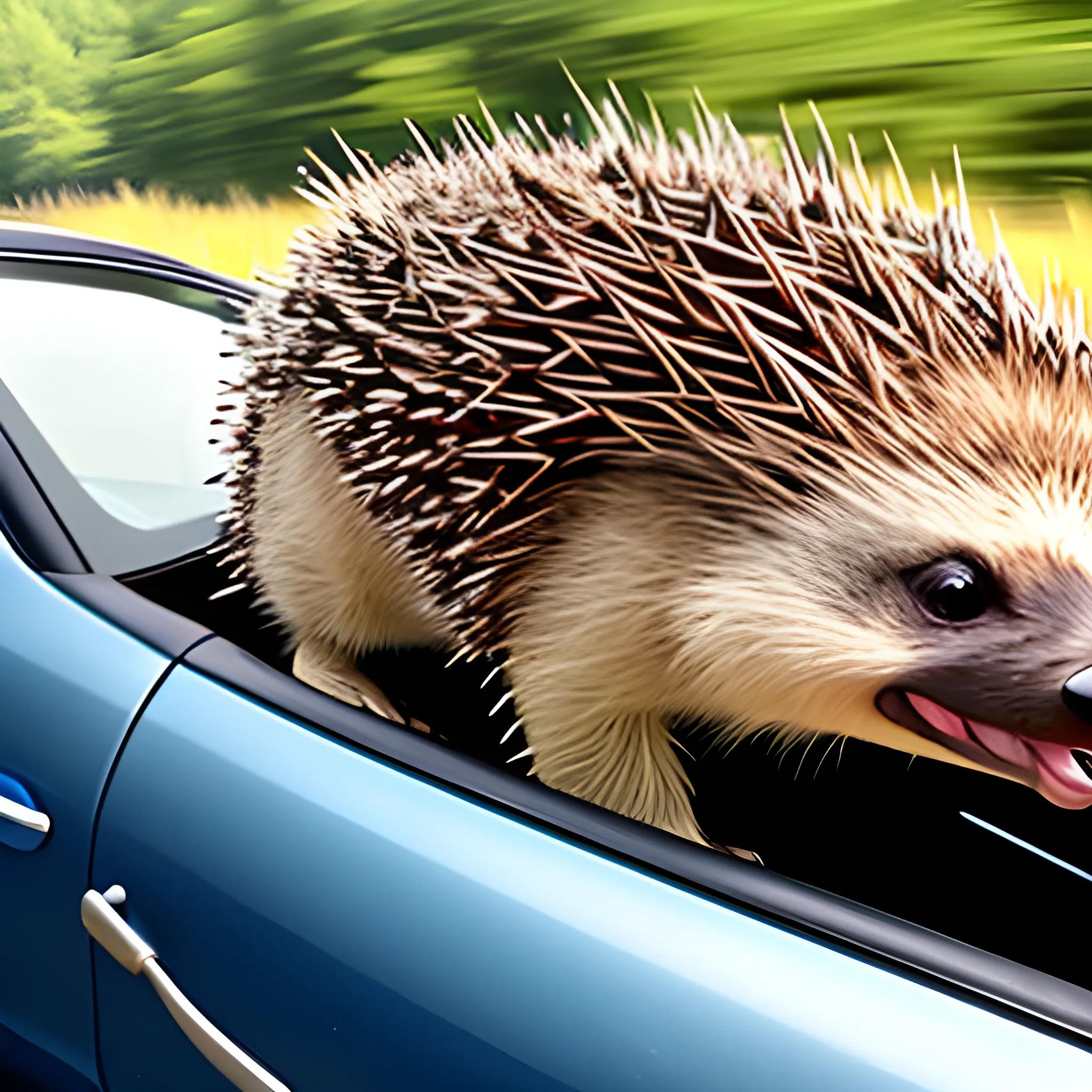 A happy porcupine driving a car to New Hampshire on a nice day